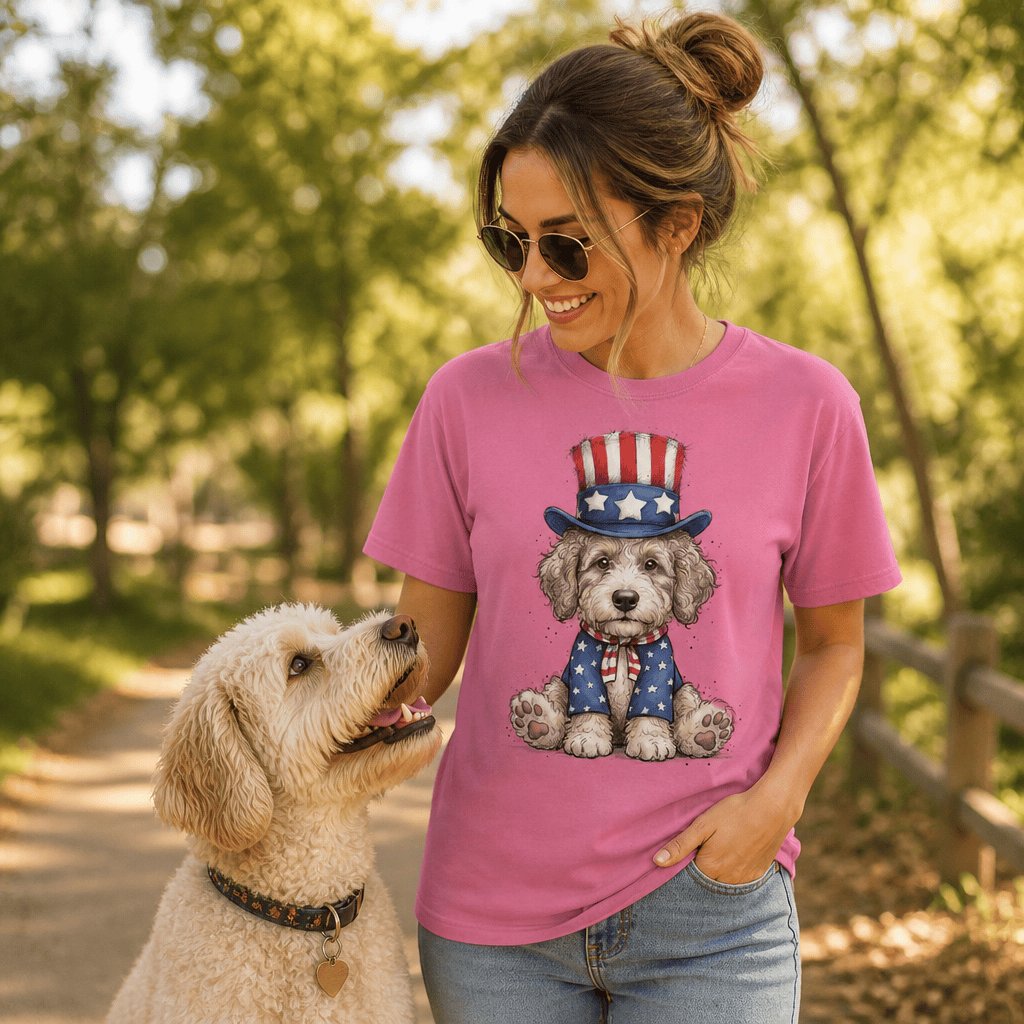 Cream Goldendoodle Patriotic Hat Signature T-Shirt in by Puppy Jo