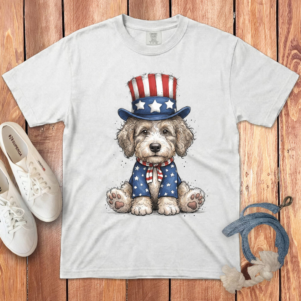 Cream Goldendoodle Patriotic Hat Signature T-Shirt in White / S by Puppy Jo