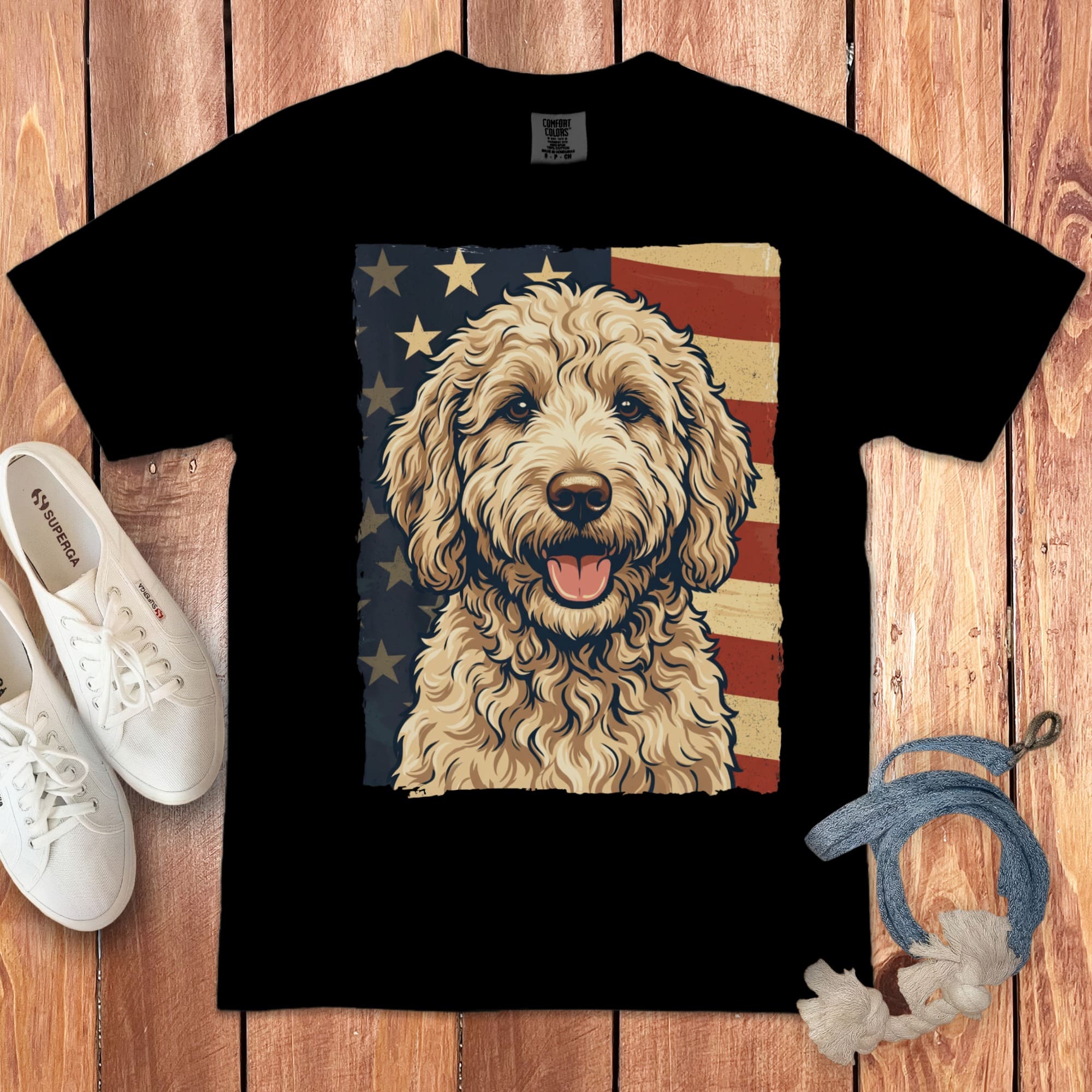 Cream Goldendoodle Patriotic Signature T-Shirt in Black / S by Puppy Jo