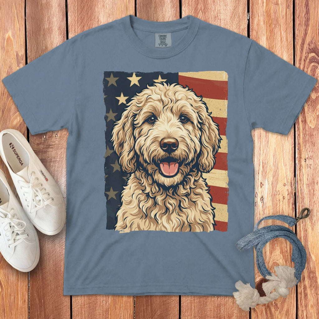 Cream Goldendoodle Patriotic Signature T-Shirt in Blue Jean / S by Puppy Jo