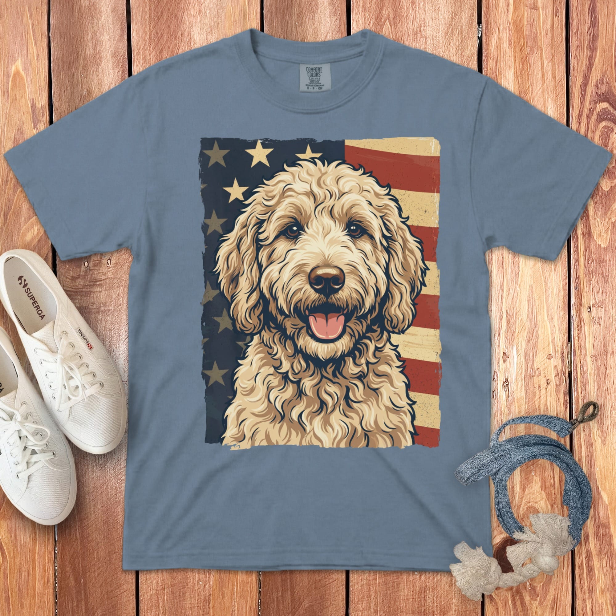 Cream Goldendoodle Patriotic Signature T-Shirt in Blue Jean / S by Puppy Jo