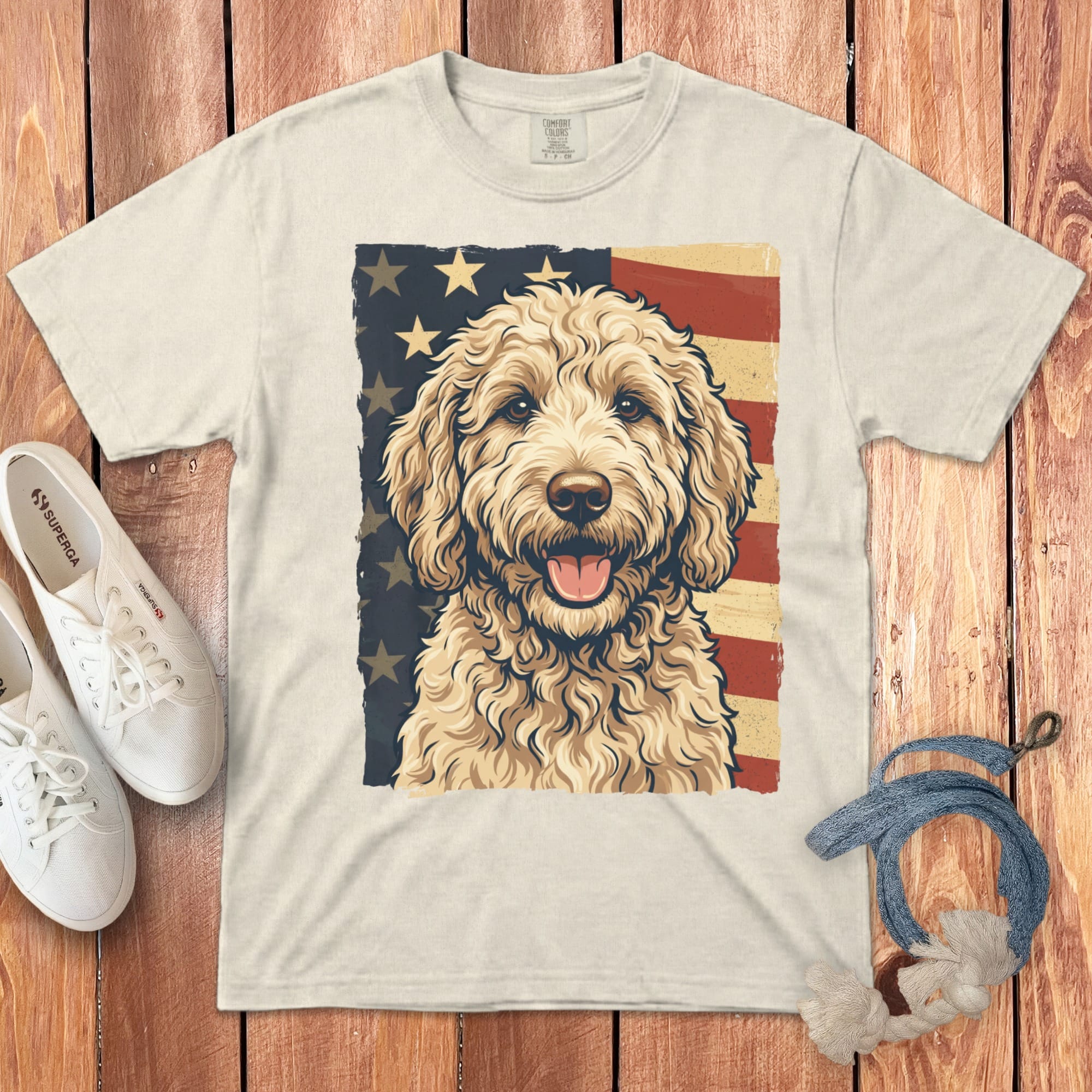 Cream Goldendoodle Patriotic Signature T-Shirt in Ivory / S by Puppy Jo