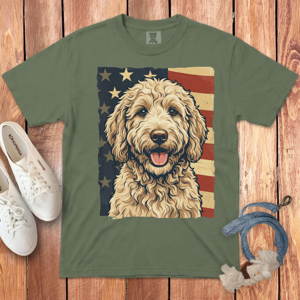 Cream Goldendoodle Patriotic Signature T-Shirt in Moss / S by Puppy Jo