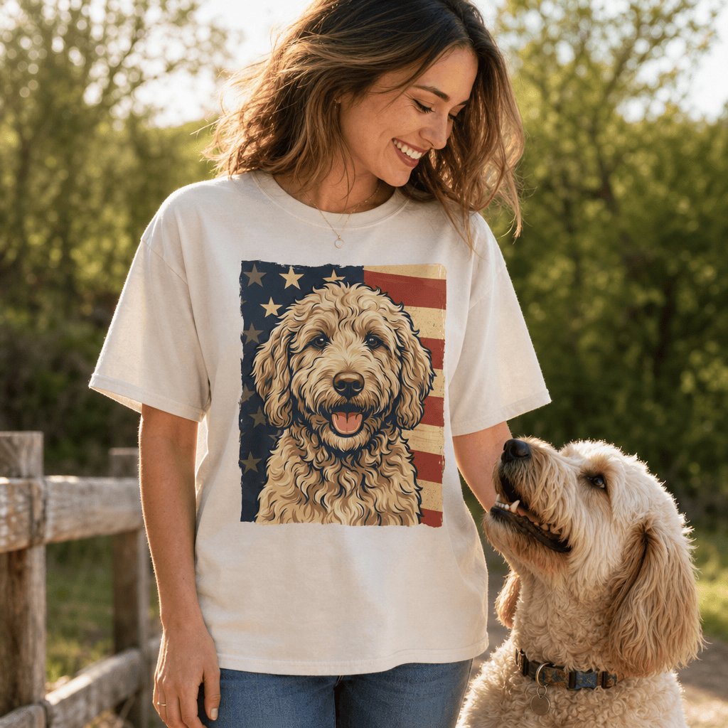 Cream Goldendoodle Patriotic Signature T-Shirt in by Puppy Jo