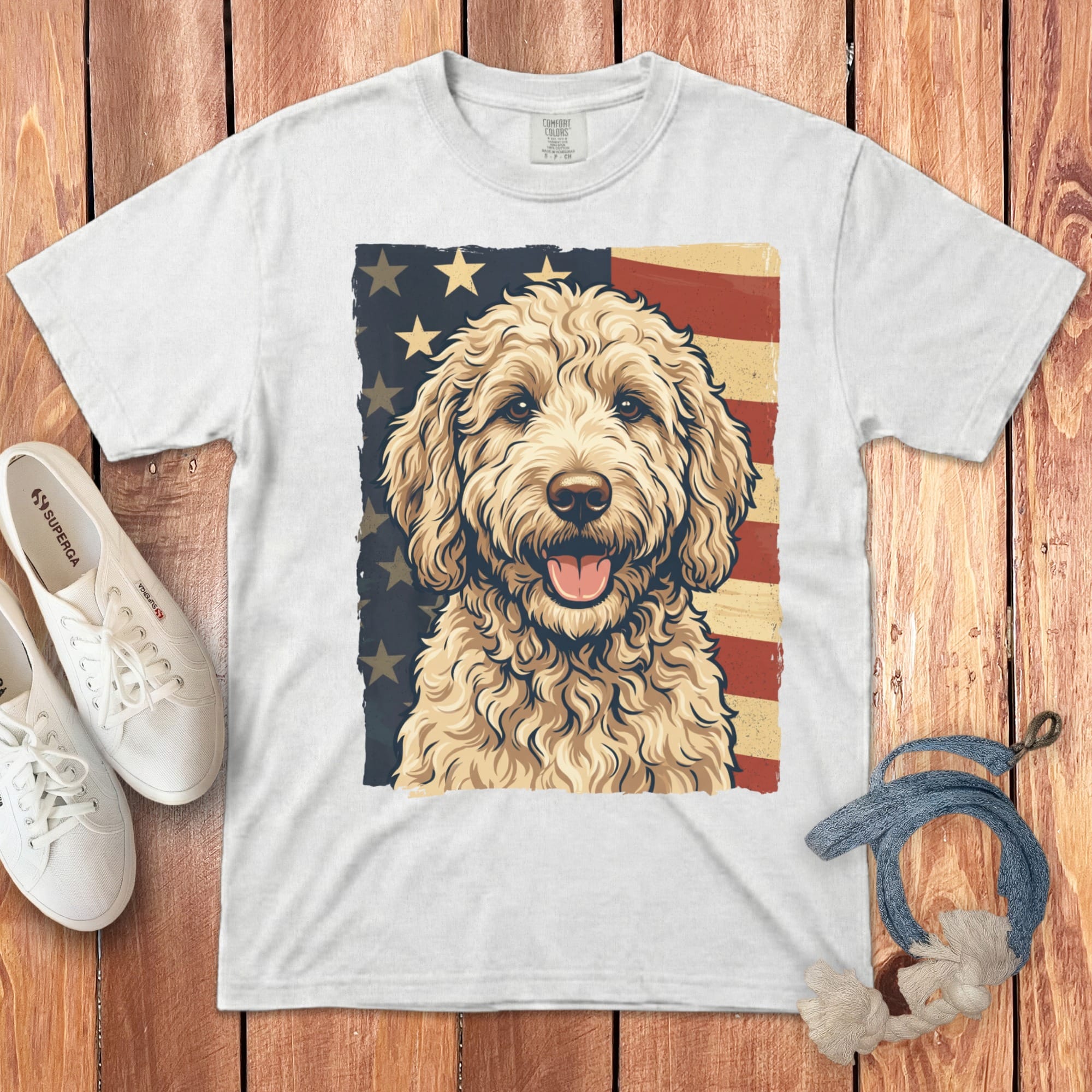 Cream Goldendoodle Patriotic Signature T-Shirt in White / S by Puppy Jo