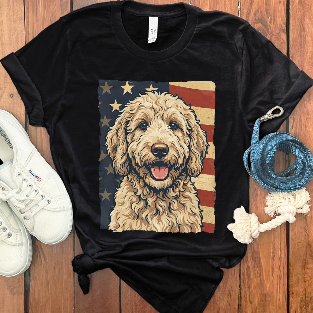Cream Goldendoodle Patriotic T-Shirt in Black / S by Puppy Jo