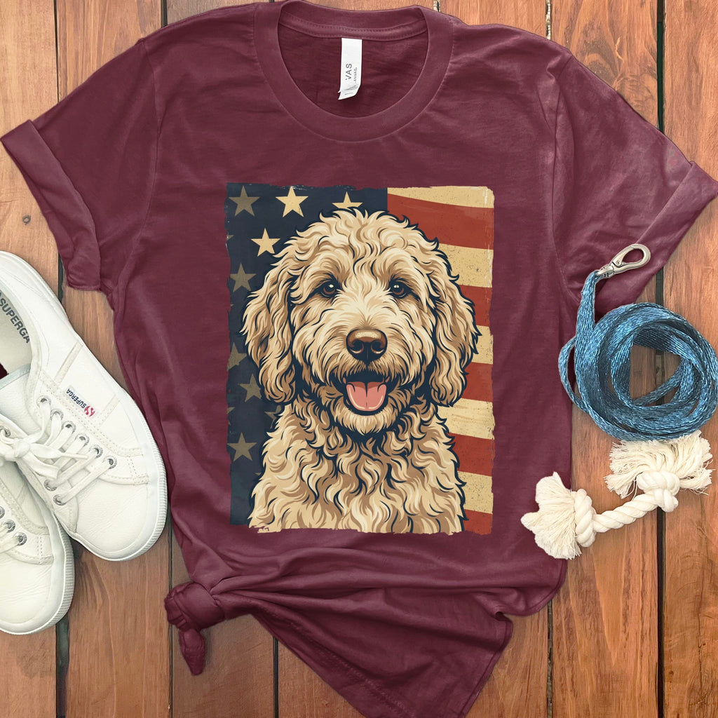 Cream Goldendoodle Patriotic T-Shirt in Maroon / S by Puppy Jo