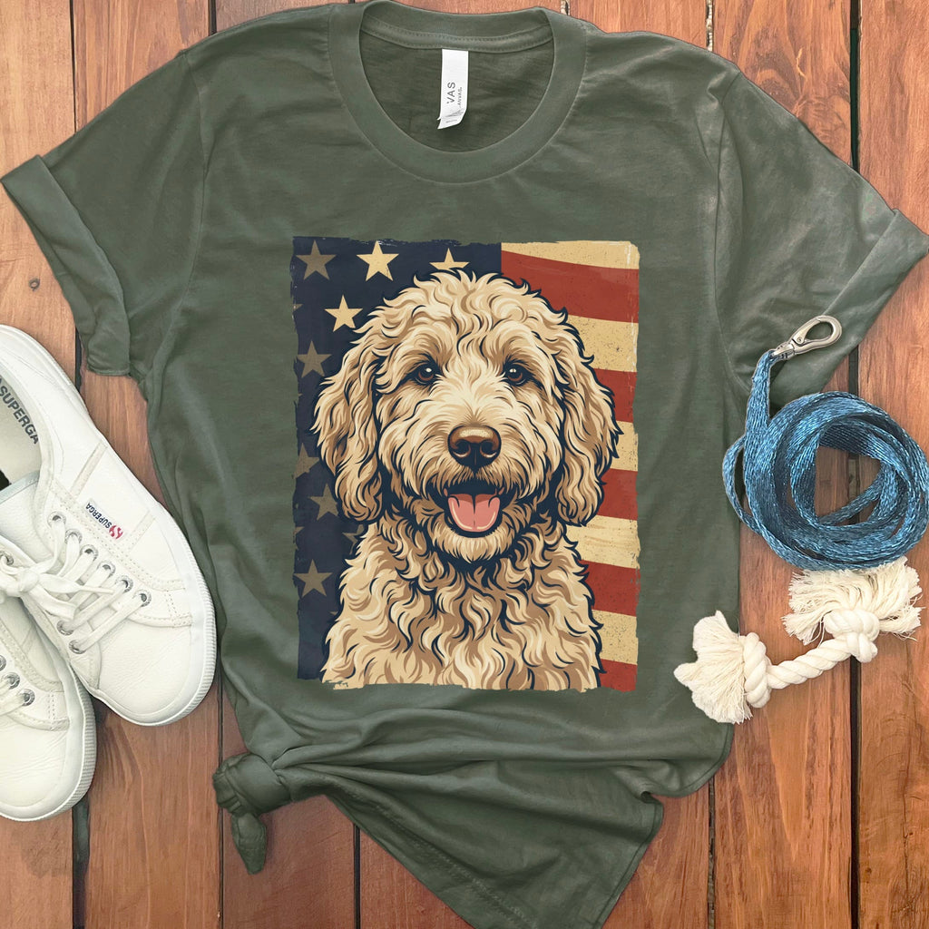 Cream Goldendoodle Patriotic T-Shirt in Military Green / S by Puppy Jo