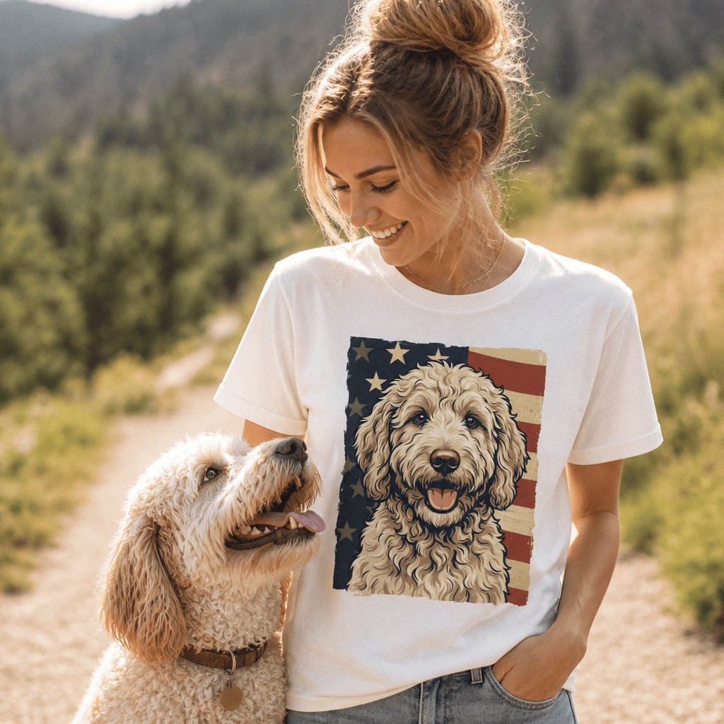 Cream Goldendoodle Patriotic T-Shirt in by Puppy Jo