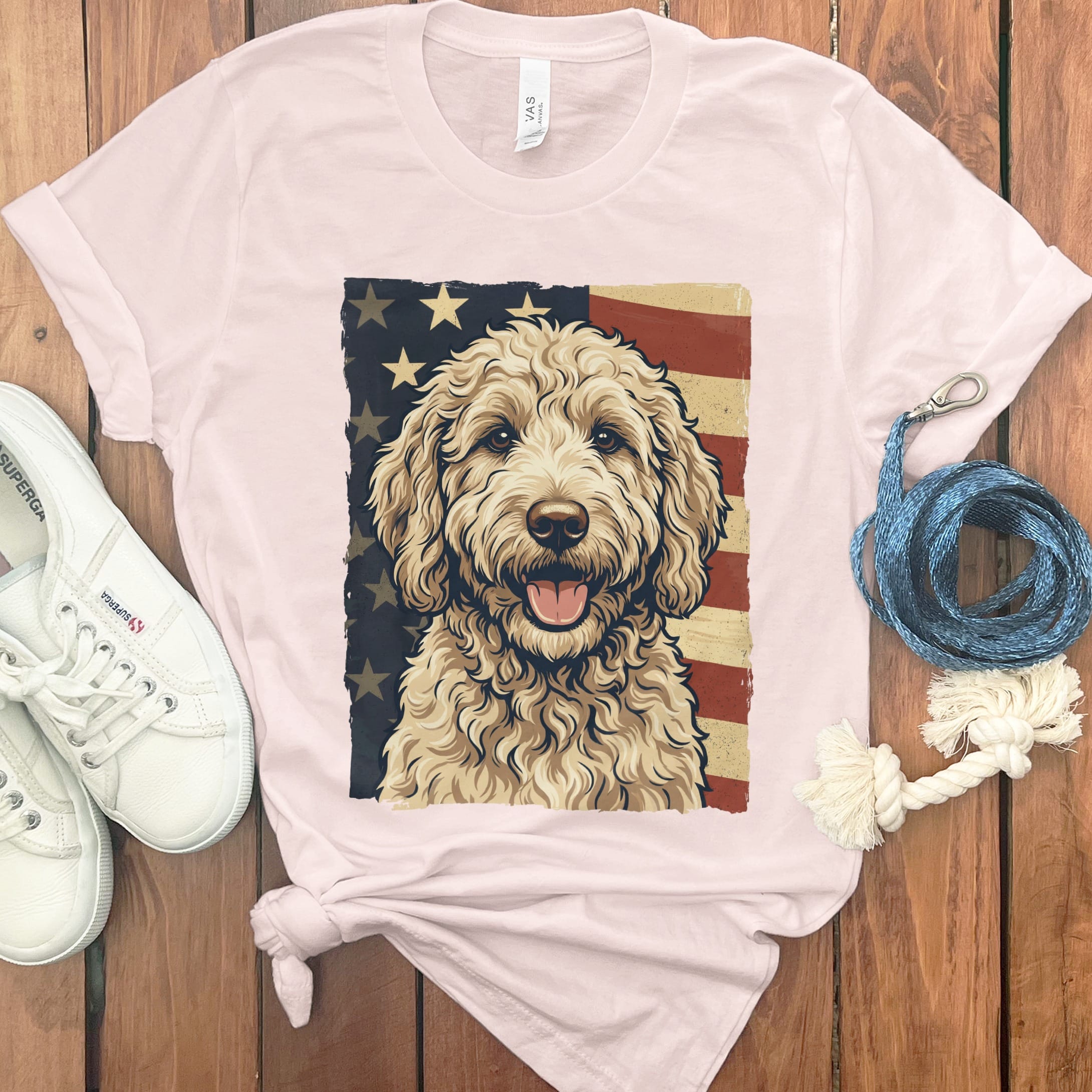 Cream Goldendoodle Patriotic T-Shirt in Soft Pink / S by Puppy Jo