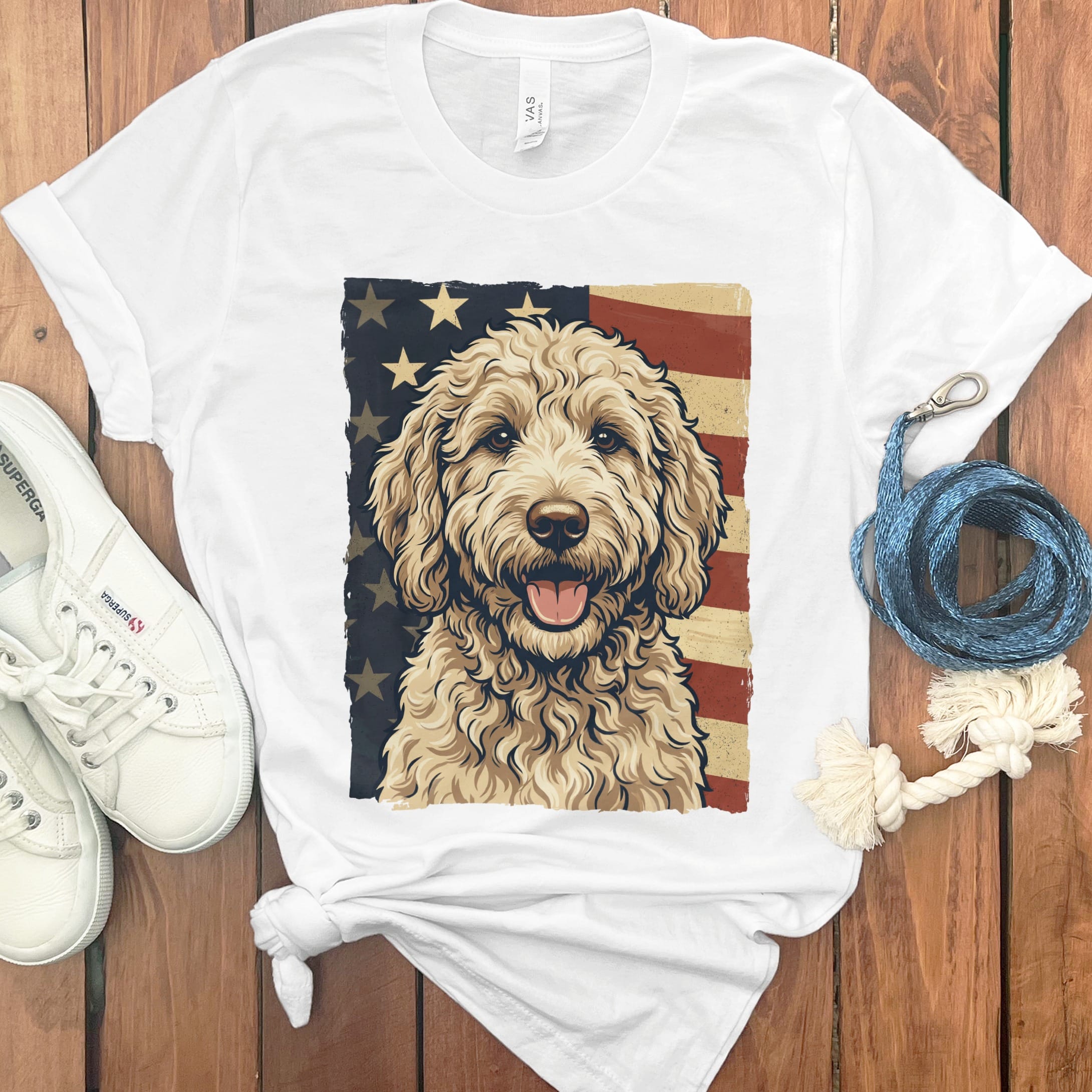 Cream Goldendoodle Patriotic T-Shirt in White / S by Puppy Jo