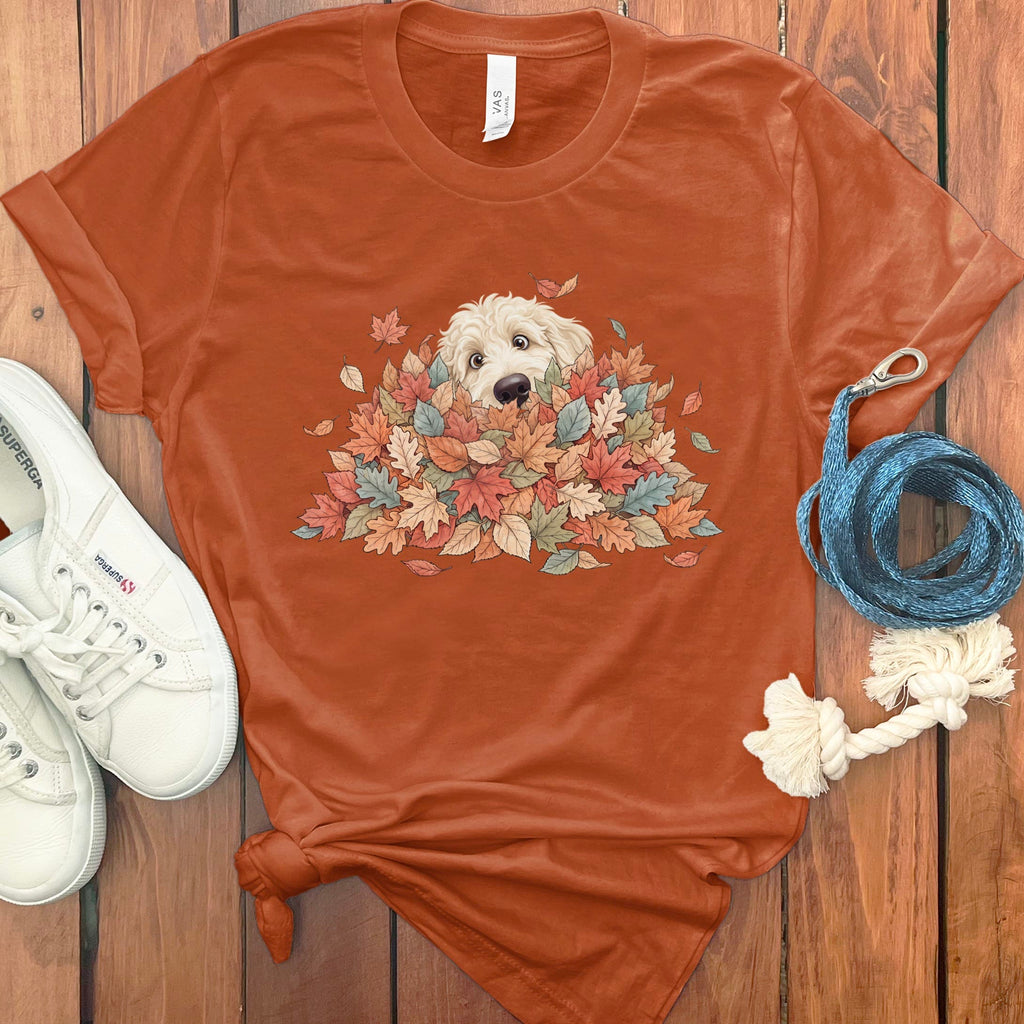 Cream Goldendoodle Peeking Leaf Pile T-Shirt in Autumn / S by Puppy Jo