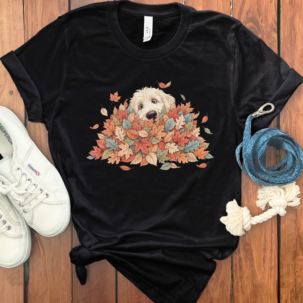 Cream Goldendoodle Peeking Leaf Pile T-Shirt in Black / S by Puppy Jo
