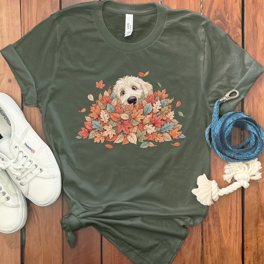 Cream Goldendoodle Peeking Leaf Pile T-Shirt in Military Green / S by Puppy Jo
