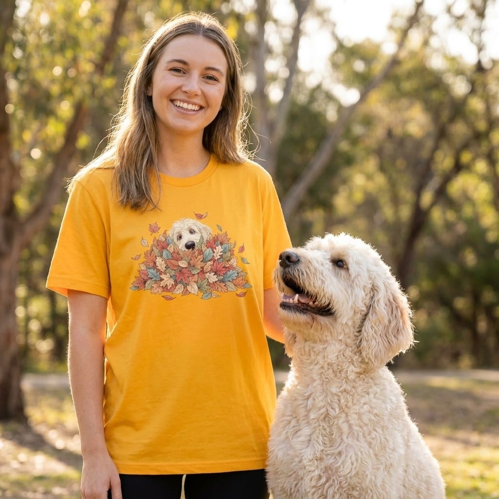 Cream Goldendoodle Peeking Leaf Pile T-Shirt in by Puppy Jo