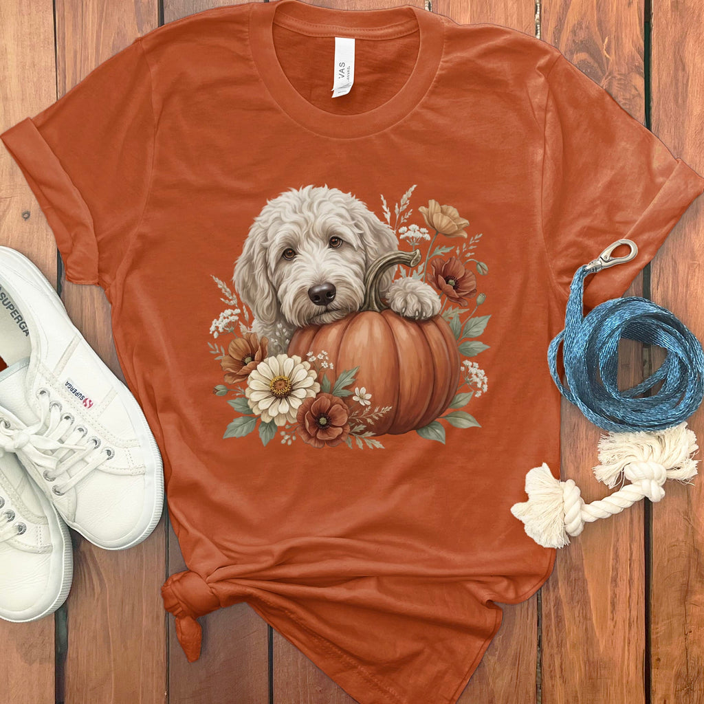 Cream Goldendoodle Pumpkin Hug T-Shirt in Autumn / S by Puppy Jo