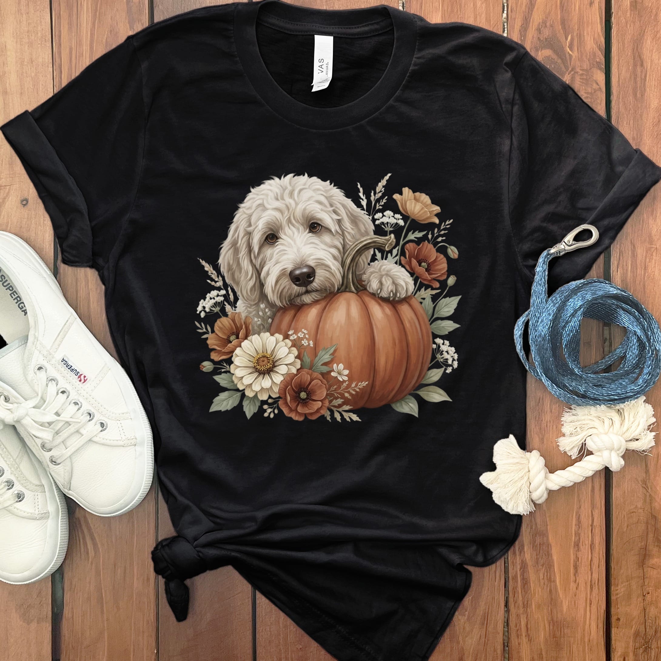 Cream Goldendoodle Pumpkin Hug T-Shirt in Black / S by Puppy Jo