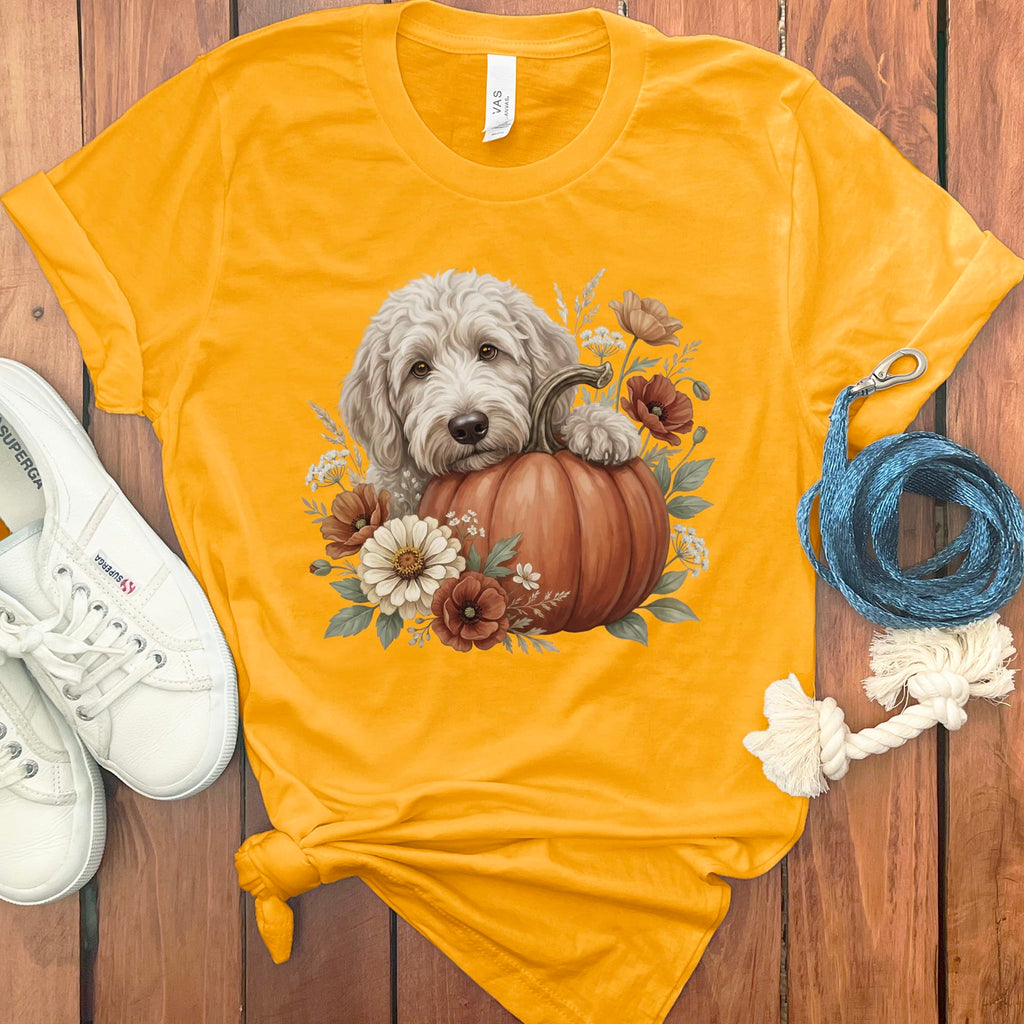 Cream Goldendoodle Pumpkin Hug T-Shirt in Gold / S by Puppy Jo