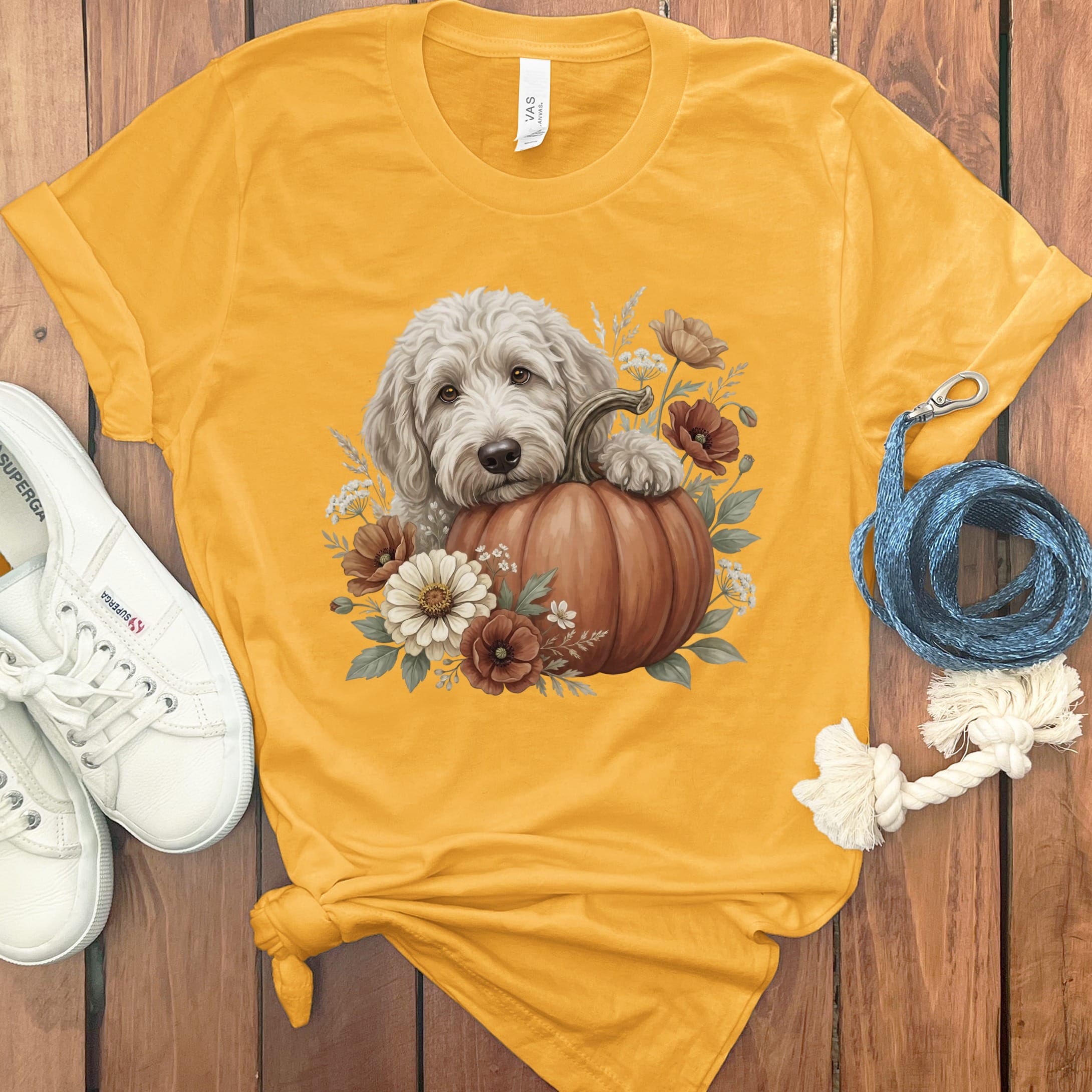 Cream Goldendoodle Pumpkin Hug T-Shirt in Gold / S by Puppy Jo