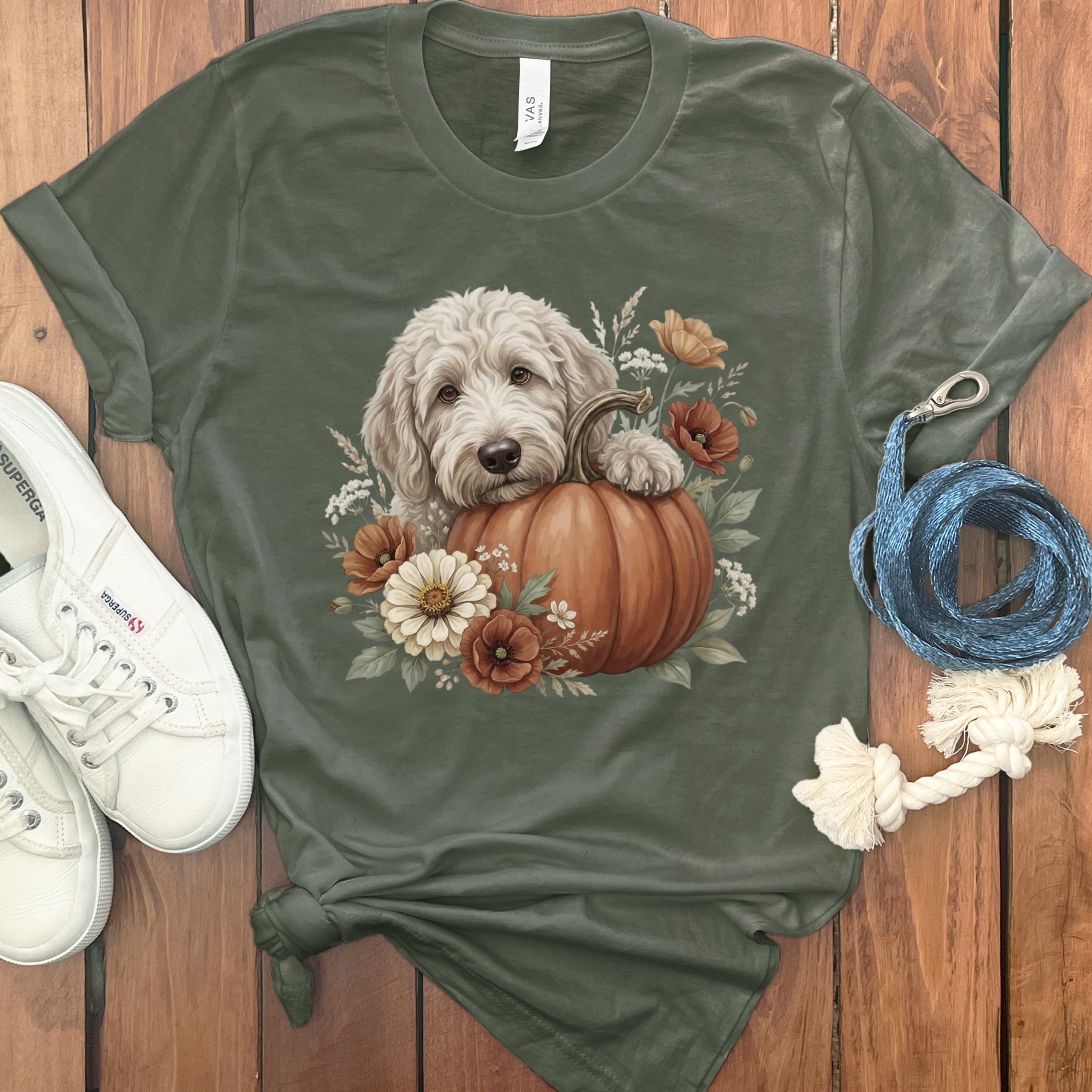 Cream Goldendoodle Pumpkin Hug T-Shirt in Military Green / S by Puppy Jo