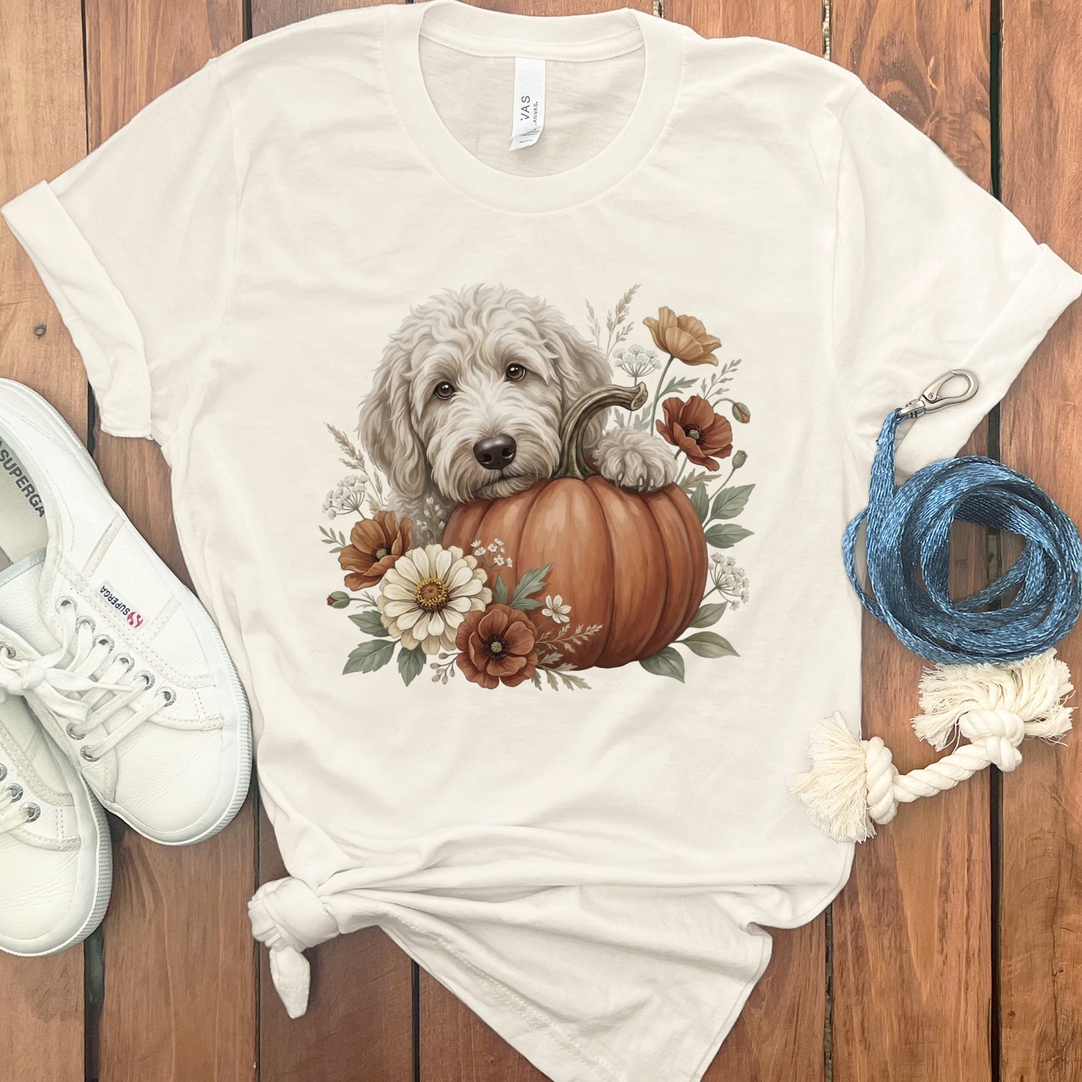 Cream Goldendoodle Pumpkin Hug T-Shirt in Natural / S by Puppy Jo