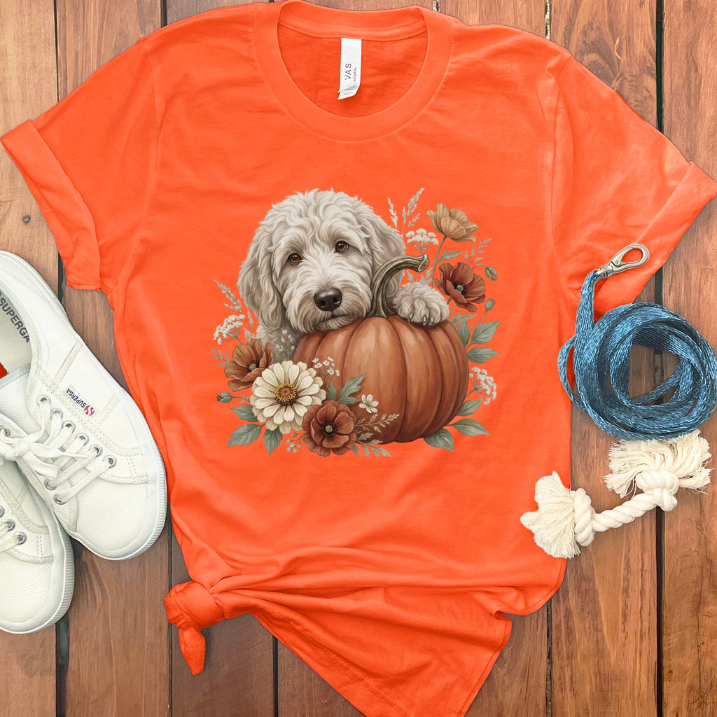Cream Goldendoodle Pumpkin Hug T-Shirt in Orange / S by Puppy Jo