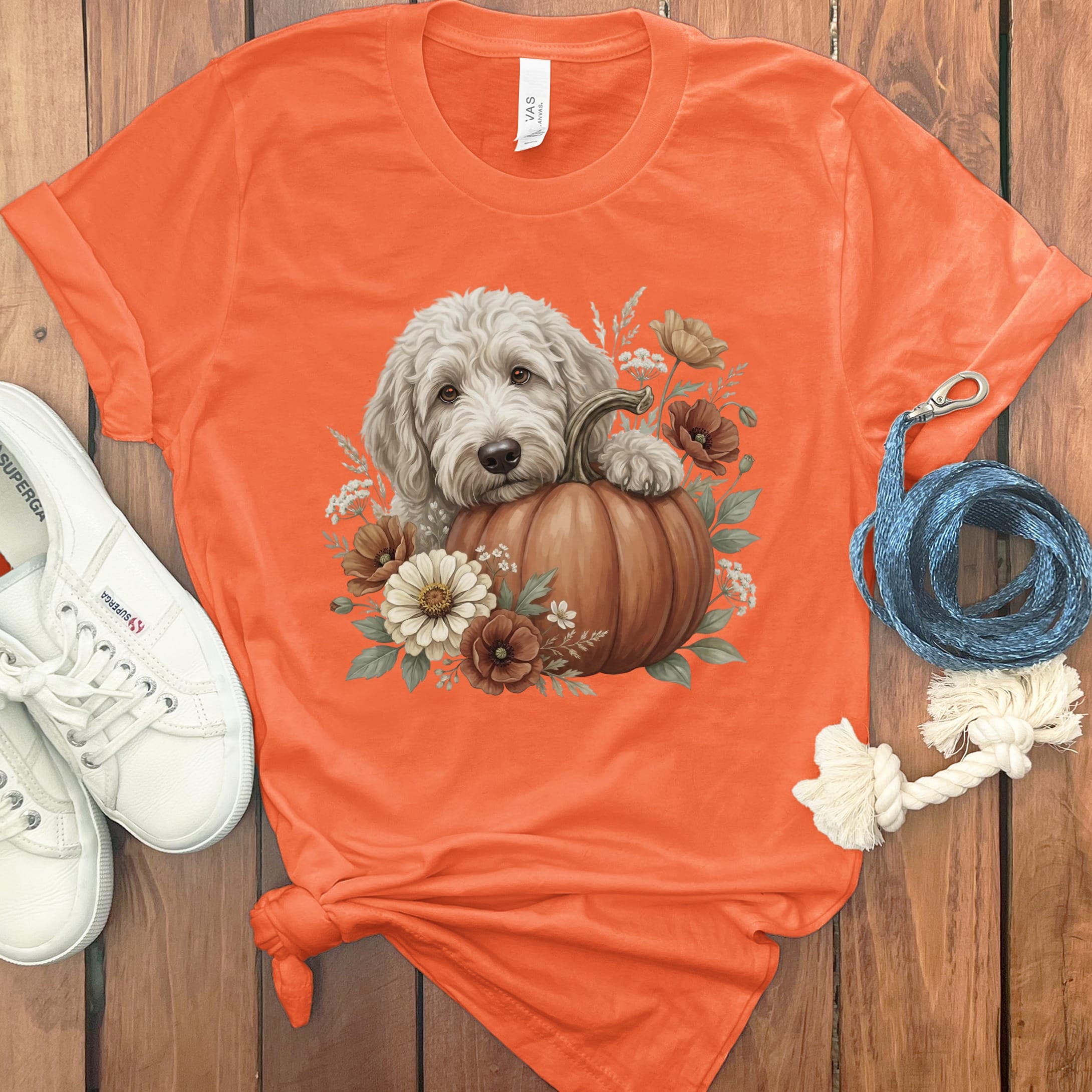 Cream Goldendoodle Pumpkin Hug T-Shirt in Orange / S by Puppy Jo