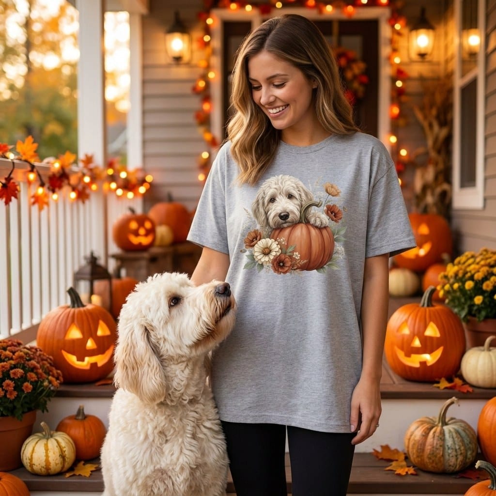 Cream Goldendoodle Pumpkin Hug T-Shirt in by Puppy Jo