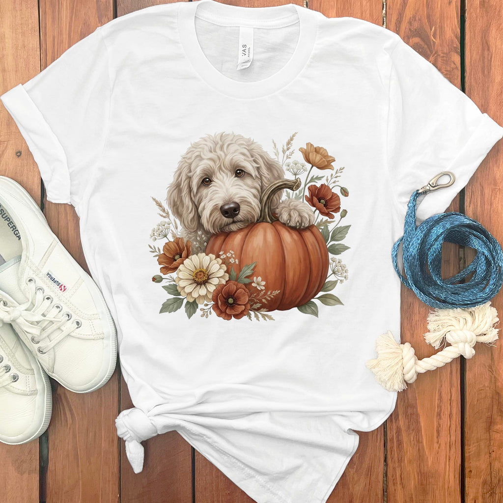 Cream Goldendoodle Pumpkin Hug T-Shirt in White / S by Puppy Jo