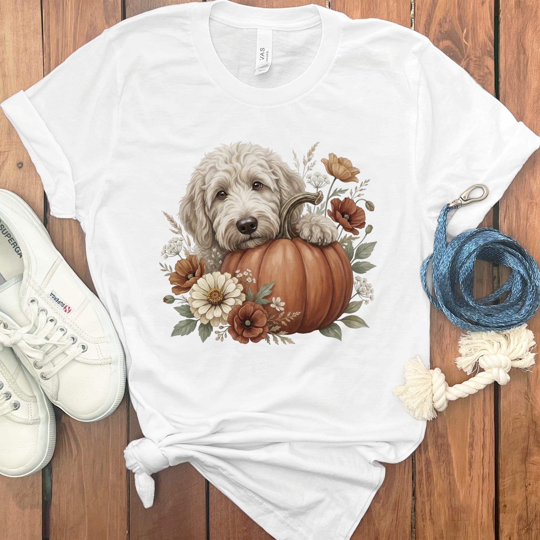 Cream Goldendoodle Pumpkin Hug T-Shirt in White / S by Puppy Jo