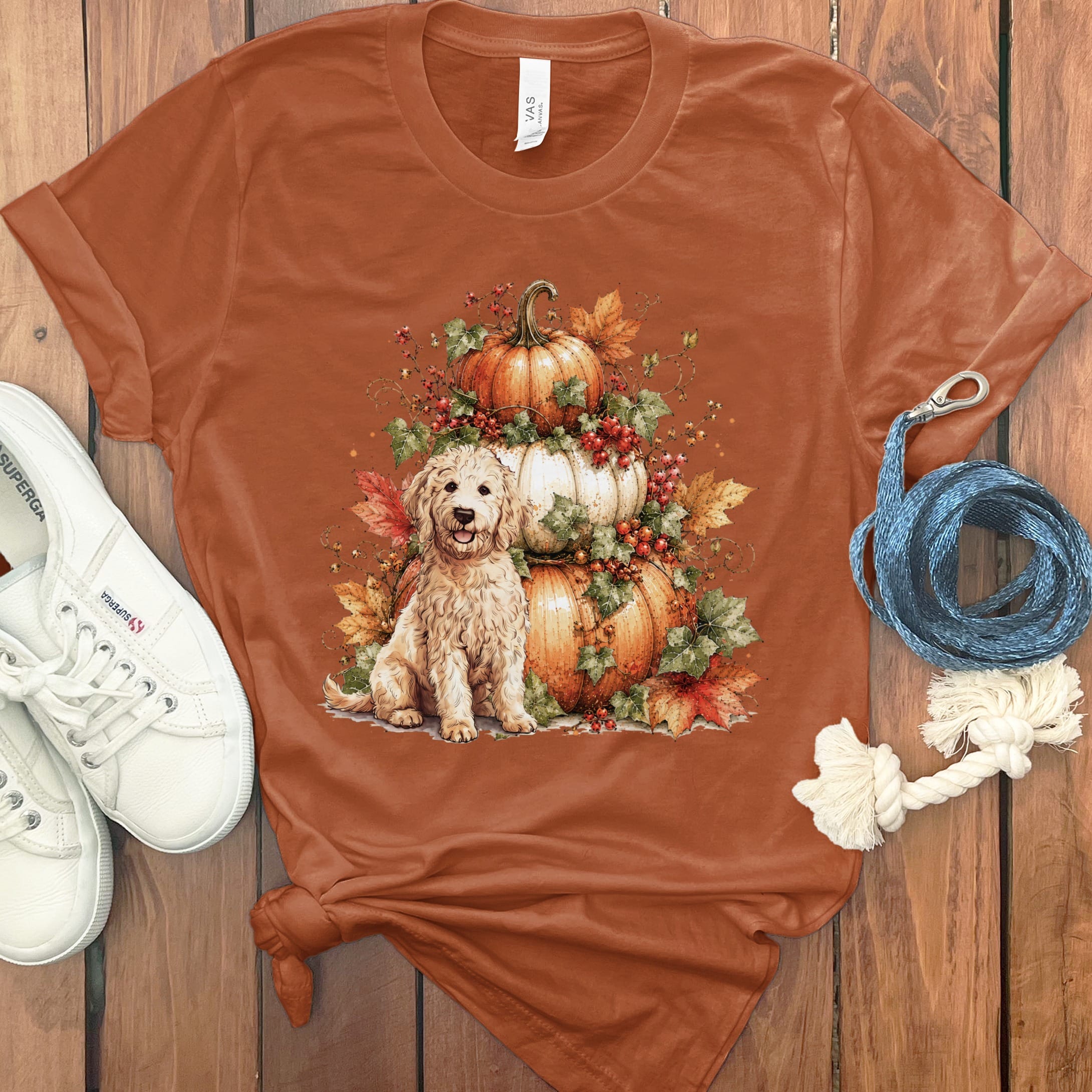 Cream Goldendoodle Pumpkin Ivy T-Shirt in Autumn / S by Puppy Jo