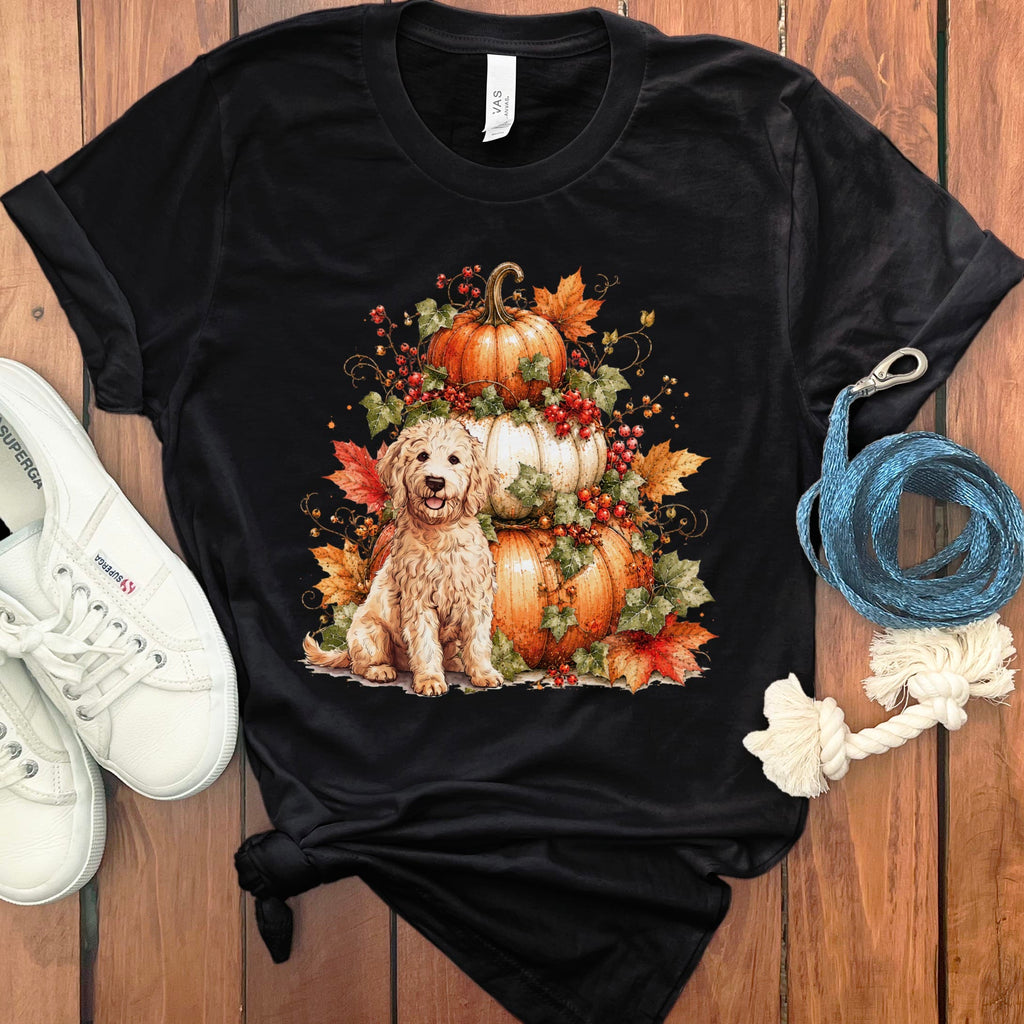Cream Goldendoodle Pumpkin Ivy T-Shirt in Black / S by Puppy Jo