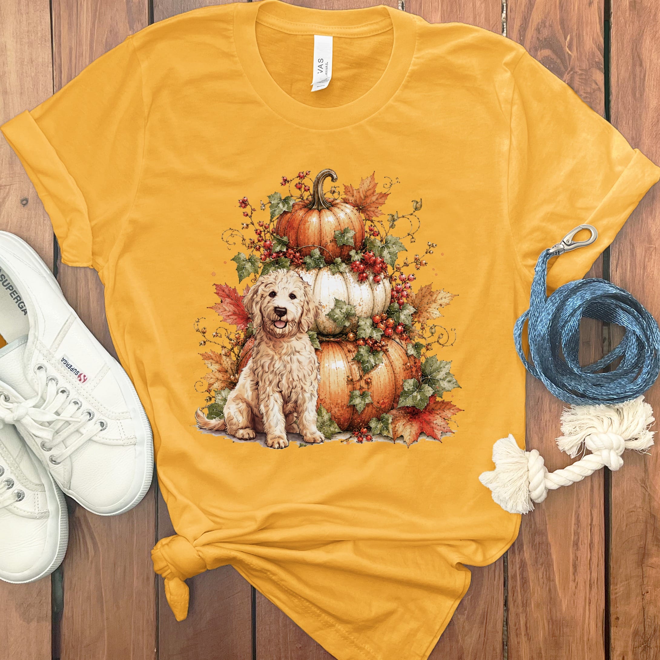 Cream Goldendoodle Pumpkin Ivy T-Shirt in Gold / S by Puppy Jo
