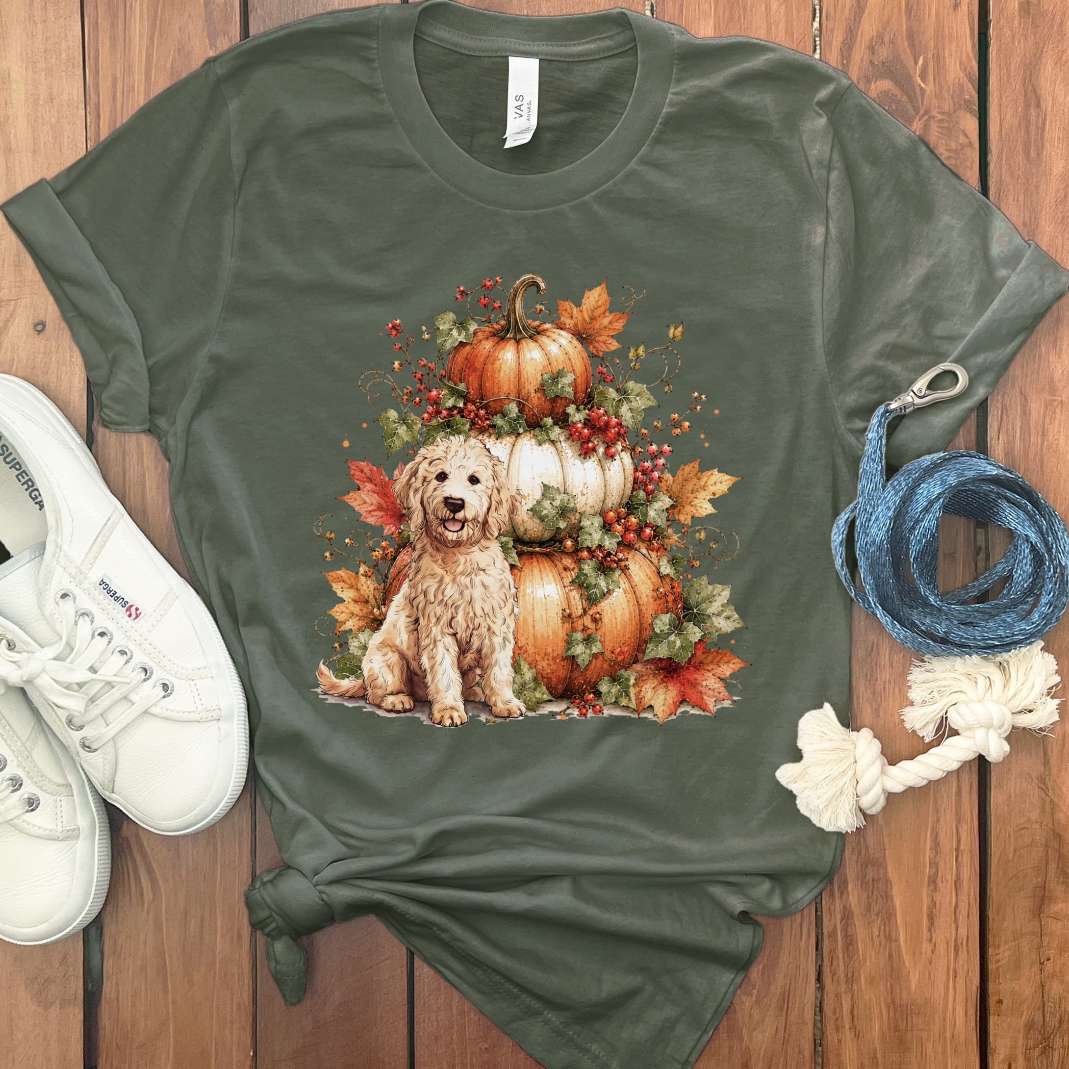 Cream Goldendoodle Pumpkin Ivy T-Shirt in Military Green / S by Puppy Jo