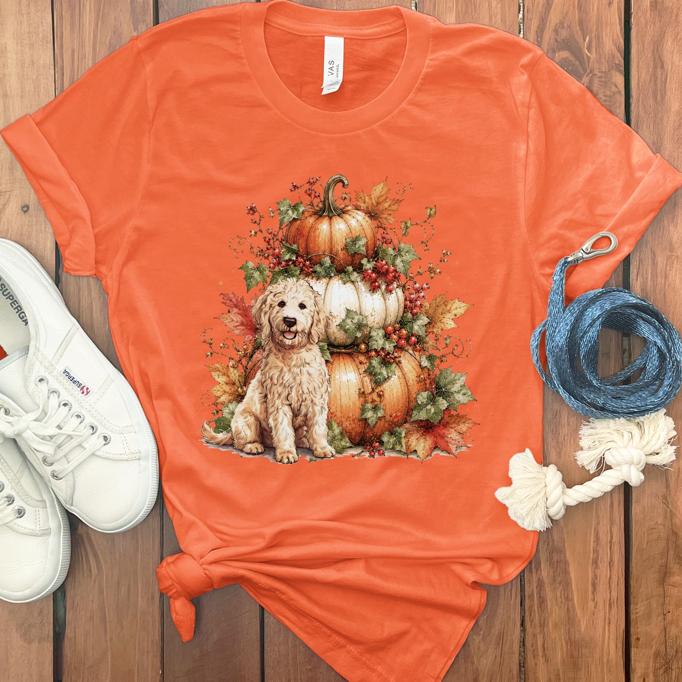 Cream Goldendoodle Pumpkin Ivy T-Shirt in Orange / S by Puppy Jo