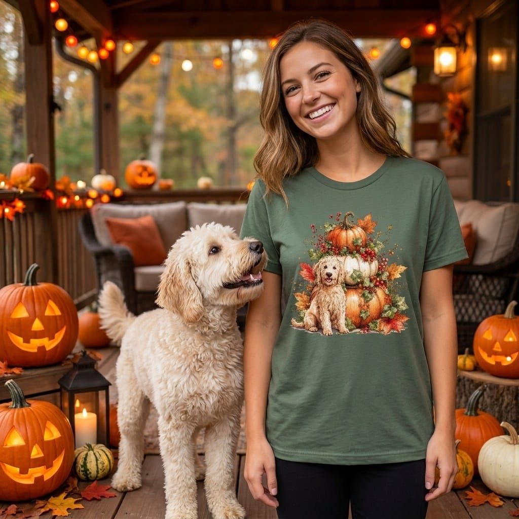 Cream Goldendoodle Pumpkin Ivy T-Shirt in by Puppy Jo