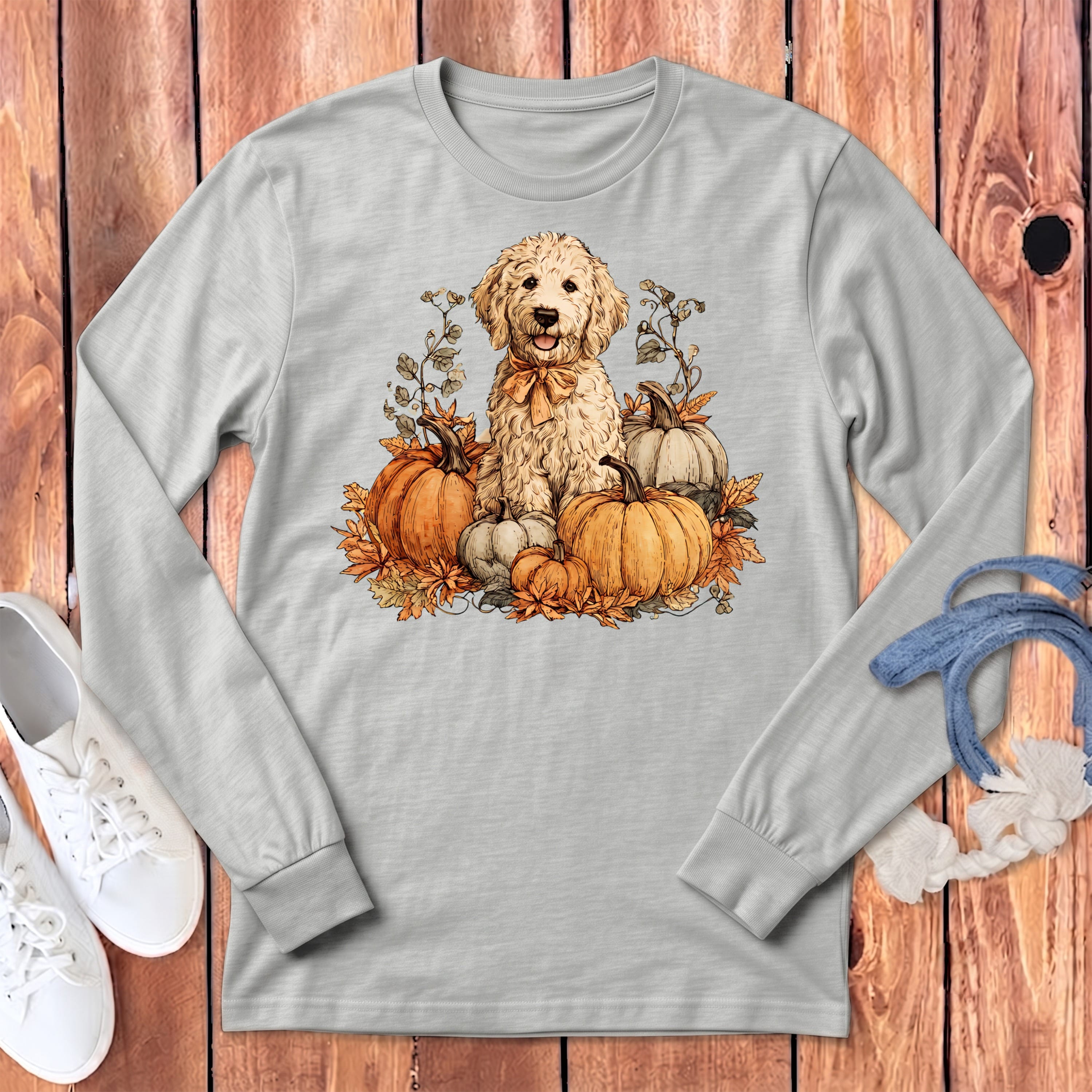 Cream Goldendoodle Pumpkin Time Long Sleeve T-Shirt in Athletic Heather / S by Puppy Jo