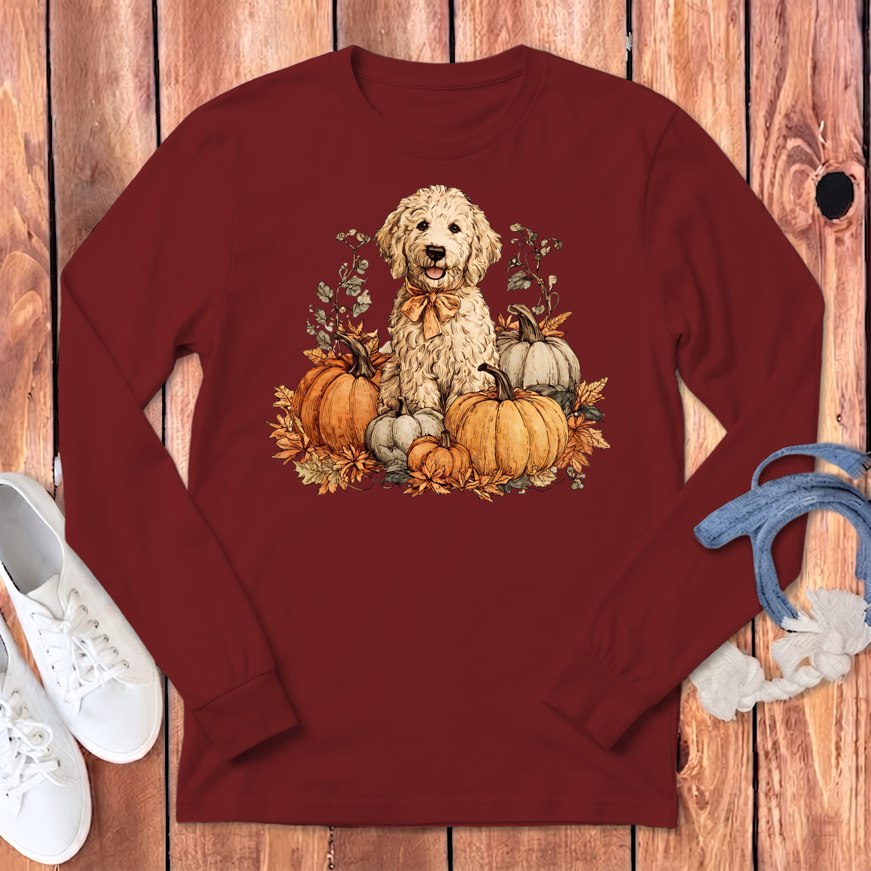 Cream Goldendoodle Pumpkin Time Long Sleeve T-Shirt in Cardinal / S by Puppy Jo