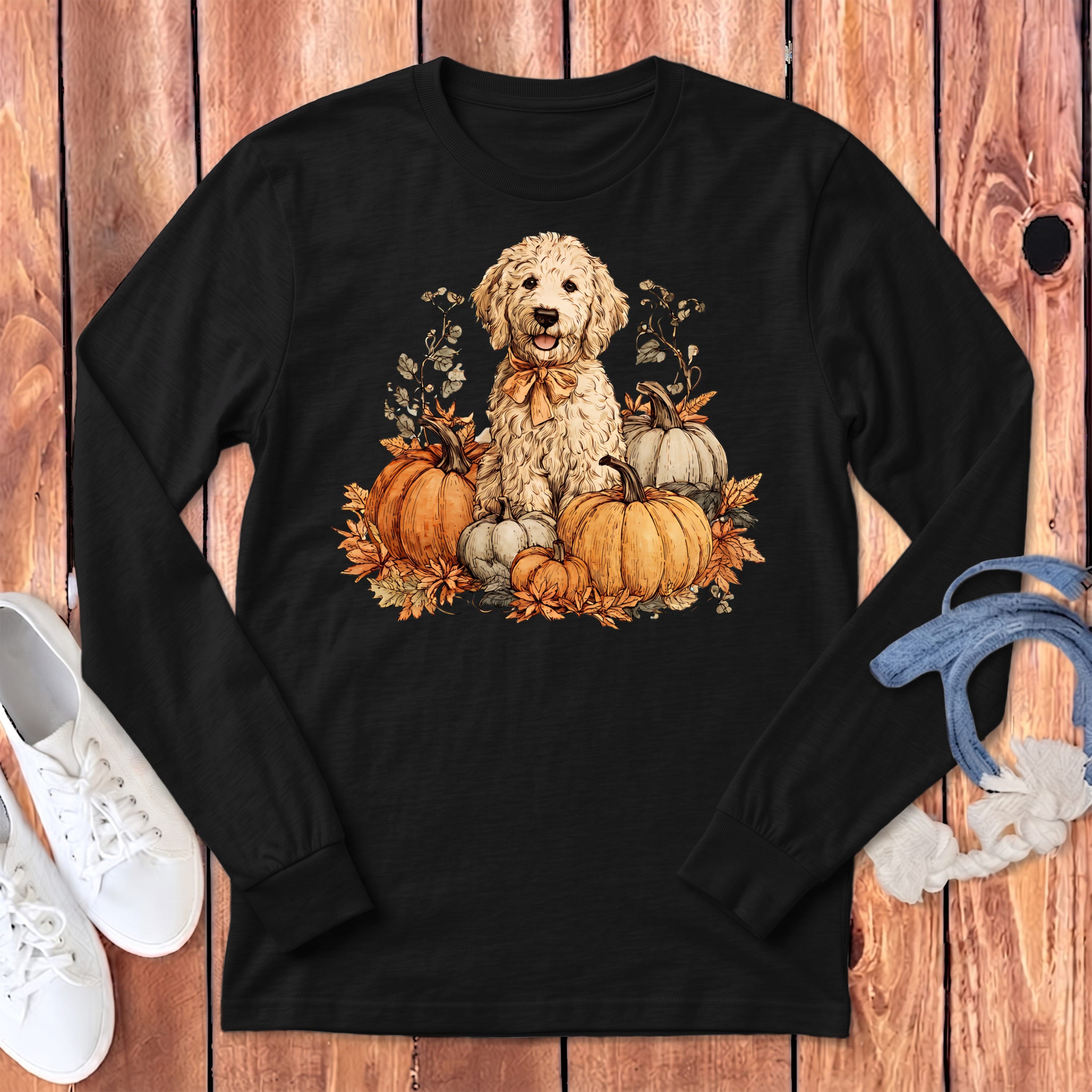 Cream Goldendoodle Pumpkin Time Long Sleeve T-Shirt in Dark Grey Heather / S by Puppy Jo