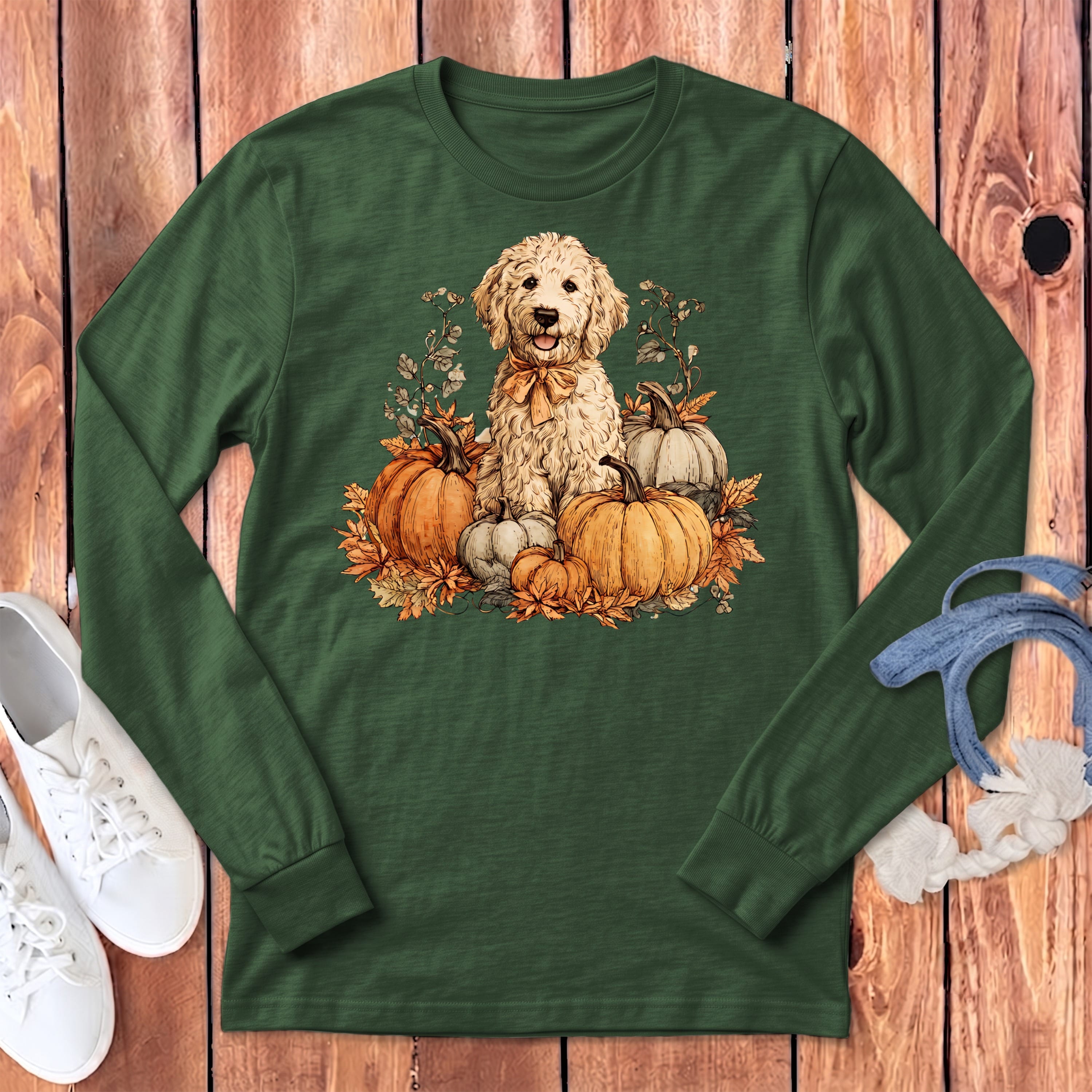 Cream Goldendoodle Pumpkin Time Long Sleeve T-Shirt in Heather Forest / S by Puppy Jo
