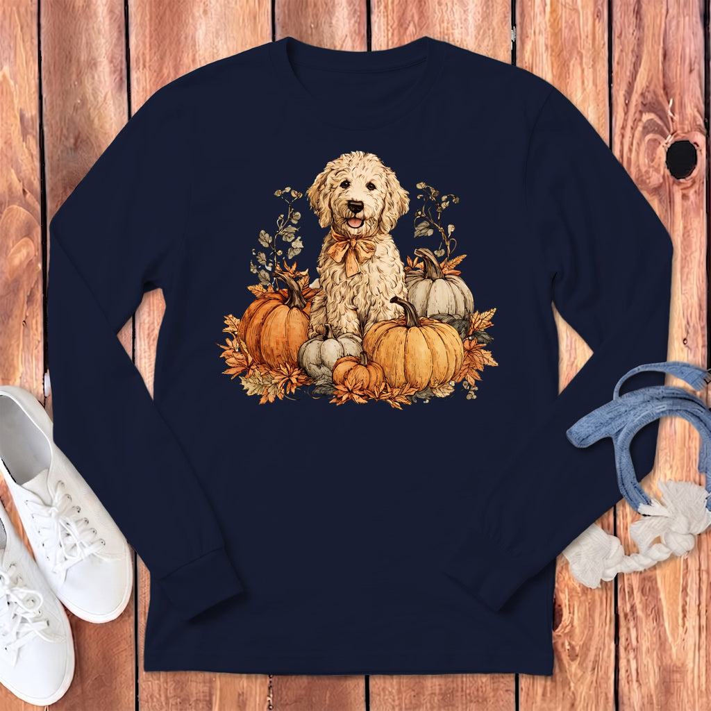 Cream Goldendoodle Pumpkin Time Long Sleeve T-Shirt in Navy / S by Puppy Jo