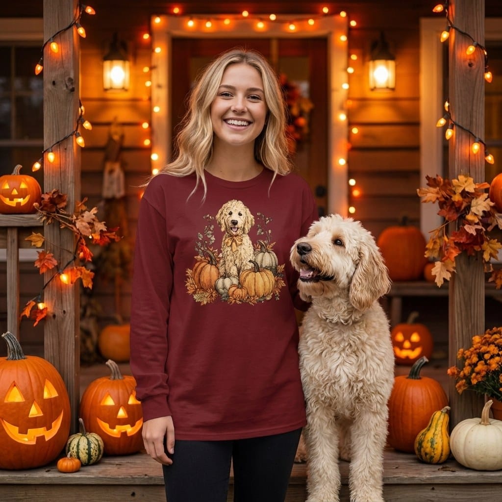 Cream Goldendoodle Pumpkin Time Long Sleeve T-Shirt in by Puppy Jo