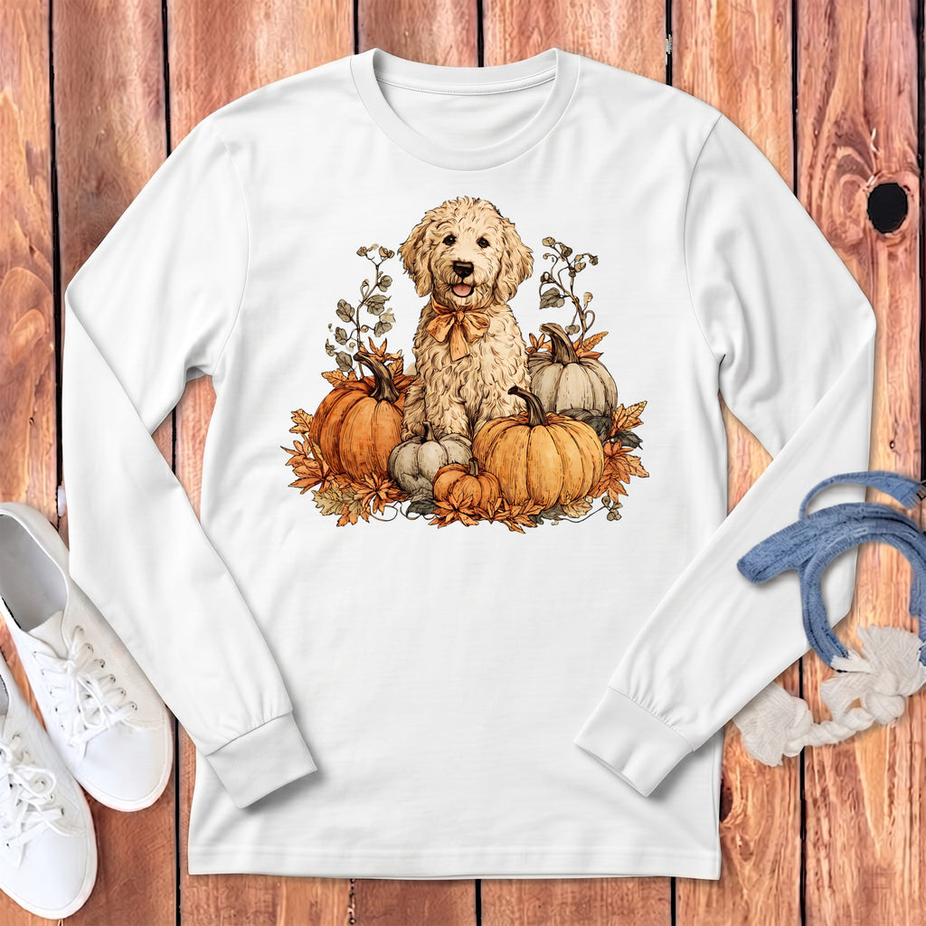 Cream Goldendoodle Pumpkin Time Long Sleeve T-Shirt in White / S by Puppy Jo