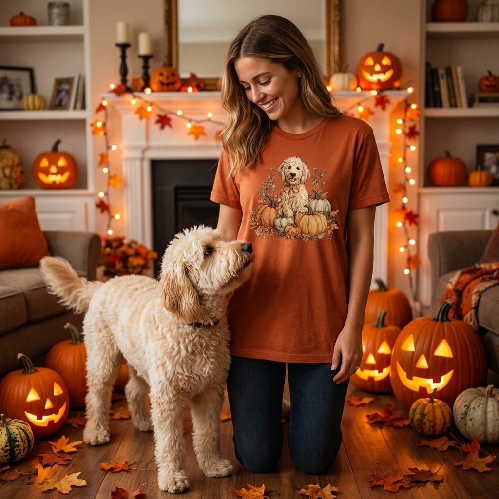 Cream Goldendoodle Pumpkin Time T-Shirt in by Puppy Jo