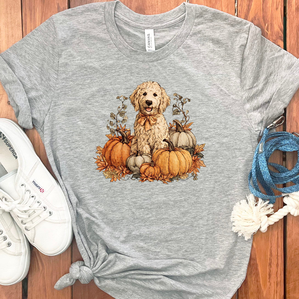 Cream Goldendoodle Pumpkin Time T-Shirt in S / Athletic Heather by Puppy Jo