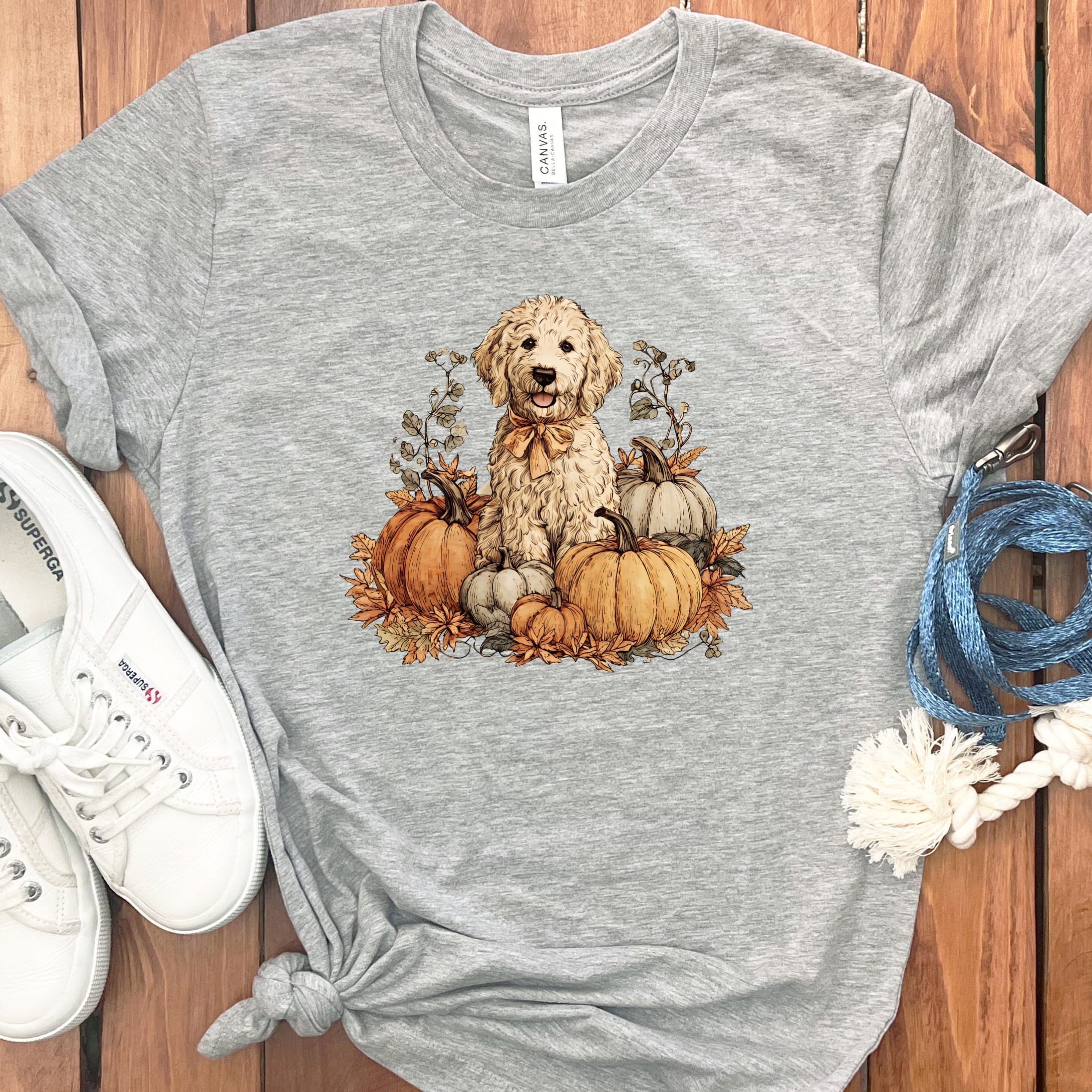 Cream Goldendoodle Pumpkin Time T-Shirt in S / Athletic Heather by Puppy Jo