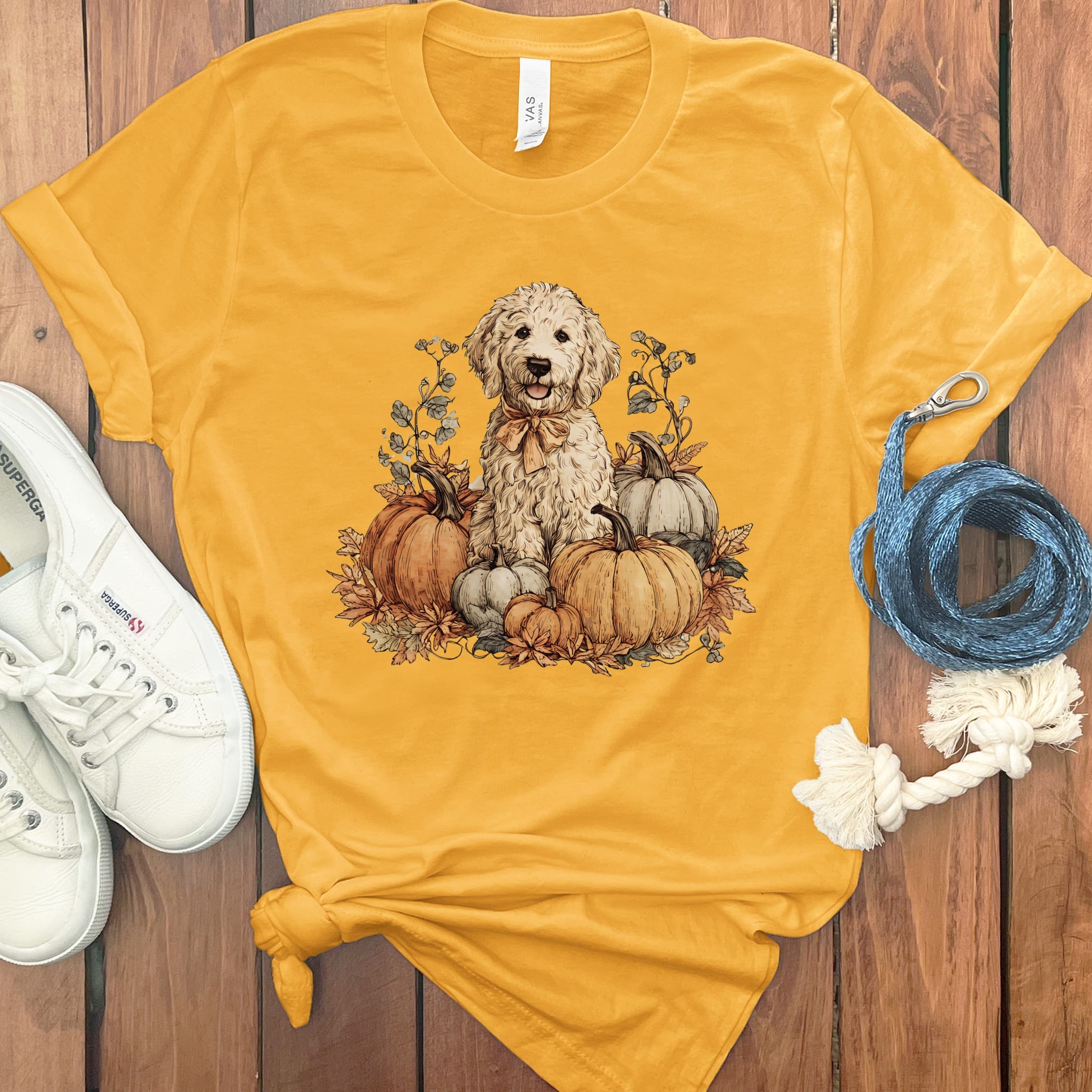 Cream Goldendoodle Pumpkin Time T-Shirt in S / Gold by Puppy Jo