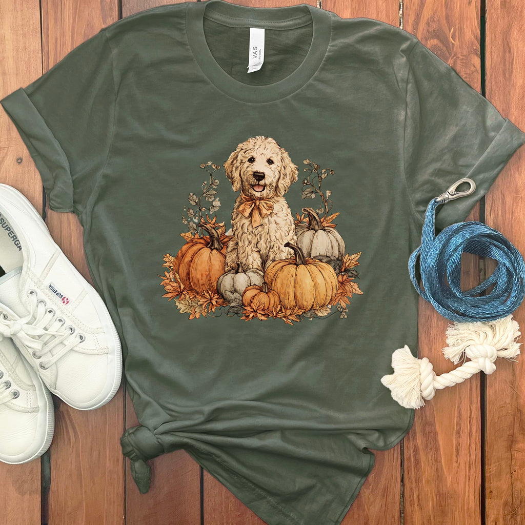 Cream Goldendoodle Pumpkin Time T-Shirt in S / Military Green by Puppy Jo