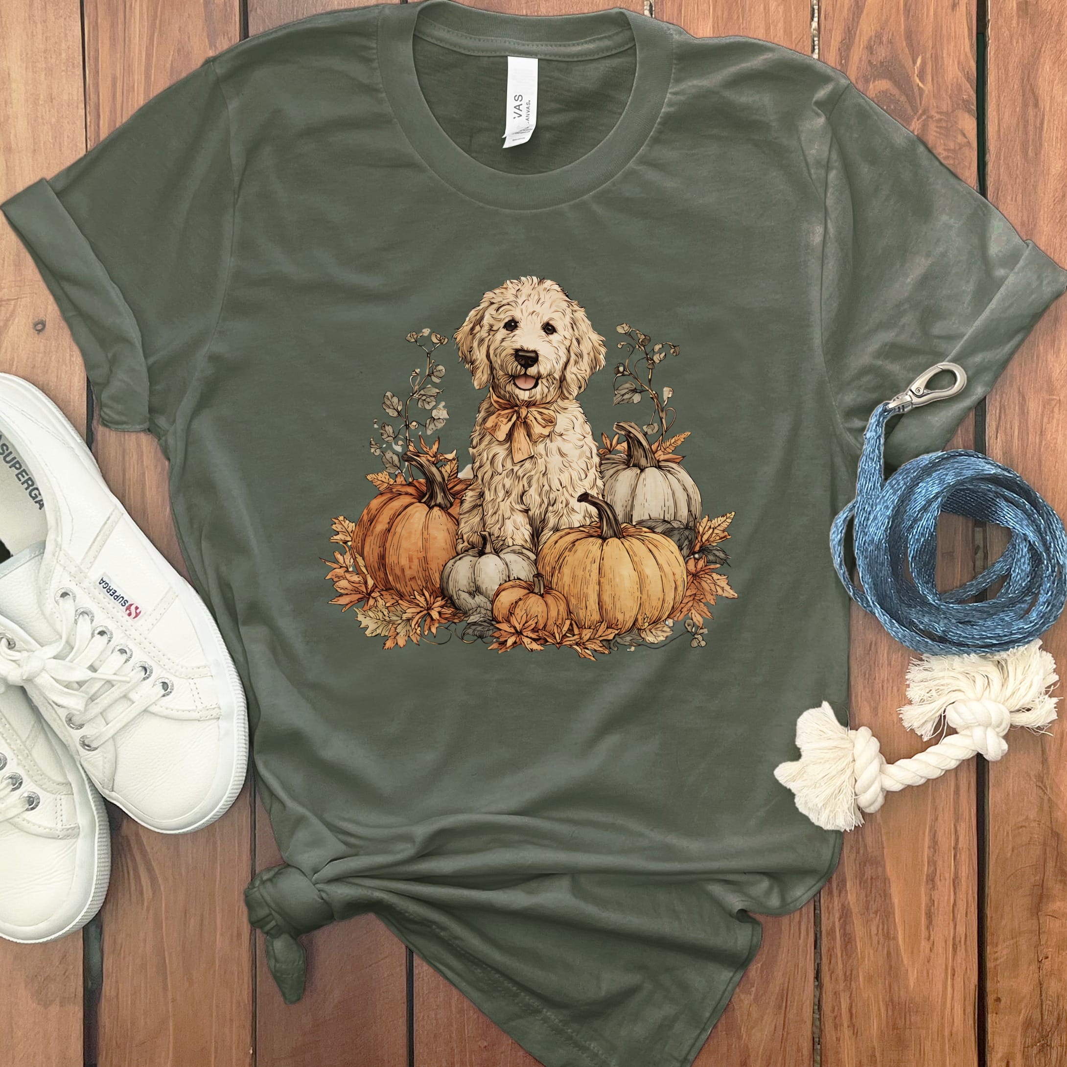 Cream Goldendoodle Pumpkin Time T-Shirt in S / Military Green by Puppy Jo