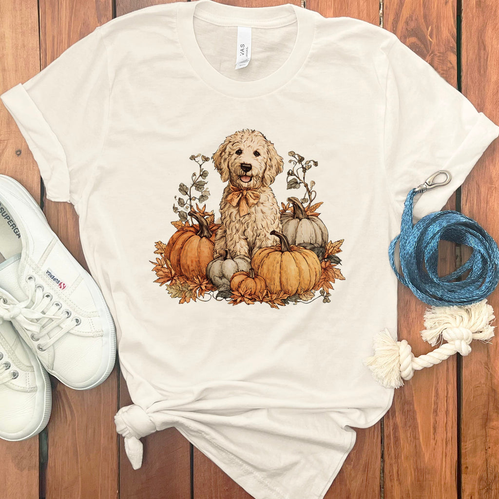 Cream Goldendoodle Pumpkin Time T-Shirt in S / Natural by Puppy Jo